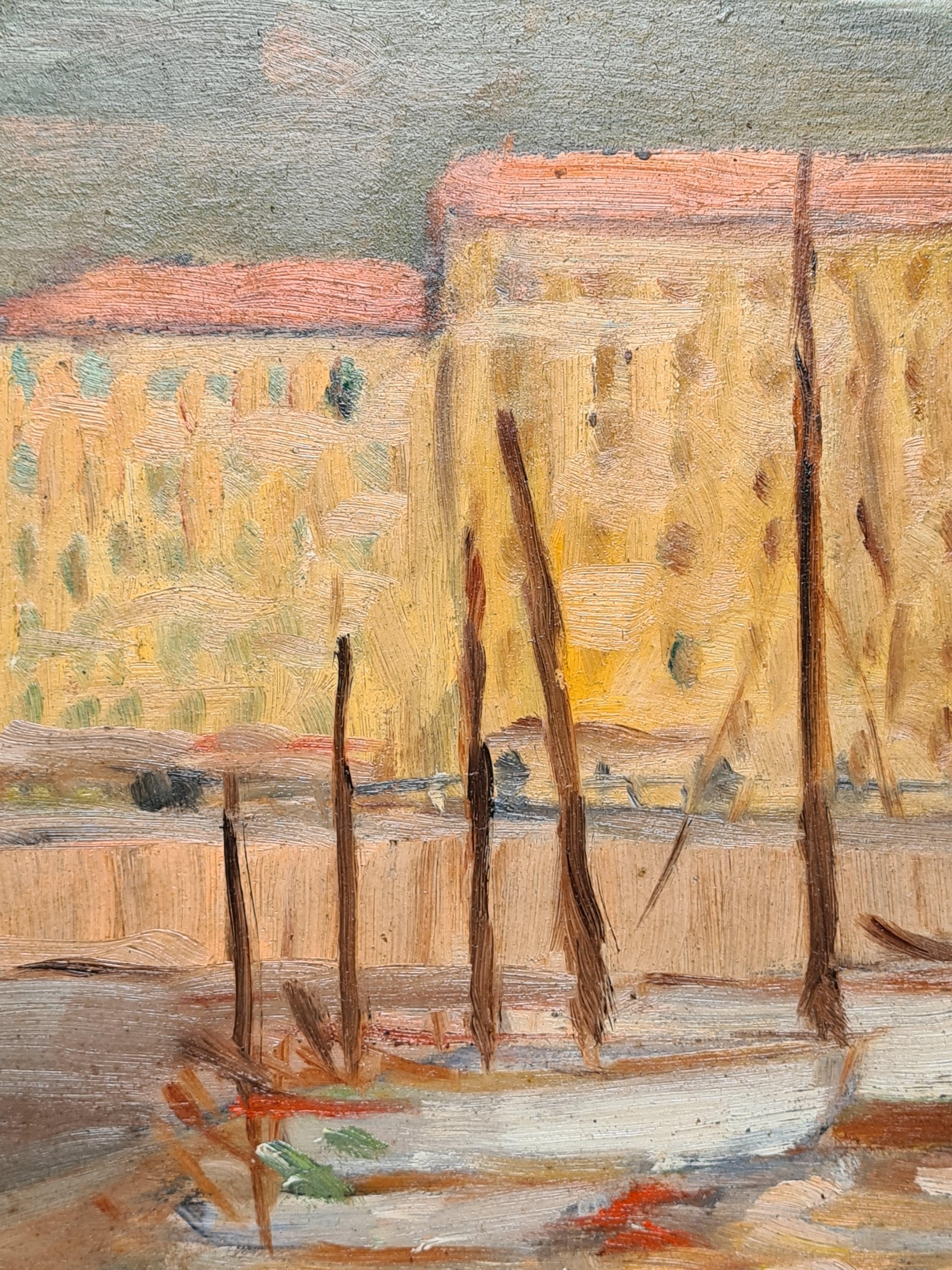 Olio su tavola impressionista della Scuola di Barbizon, Il Vecchio Porto, Nizza Costa Azzurra - Painting Impressionismo di Georges Guerin