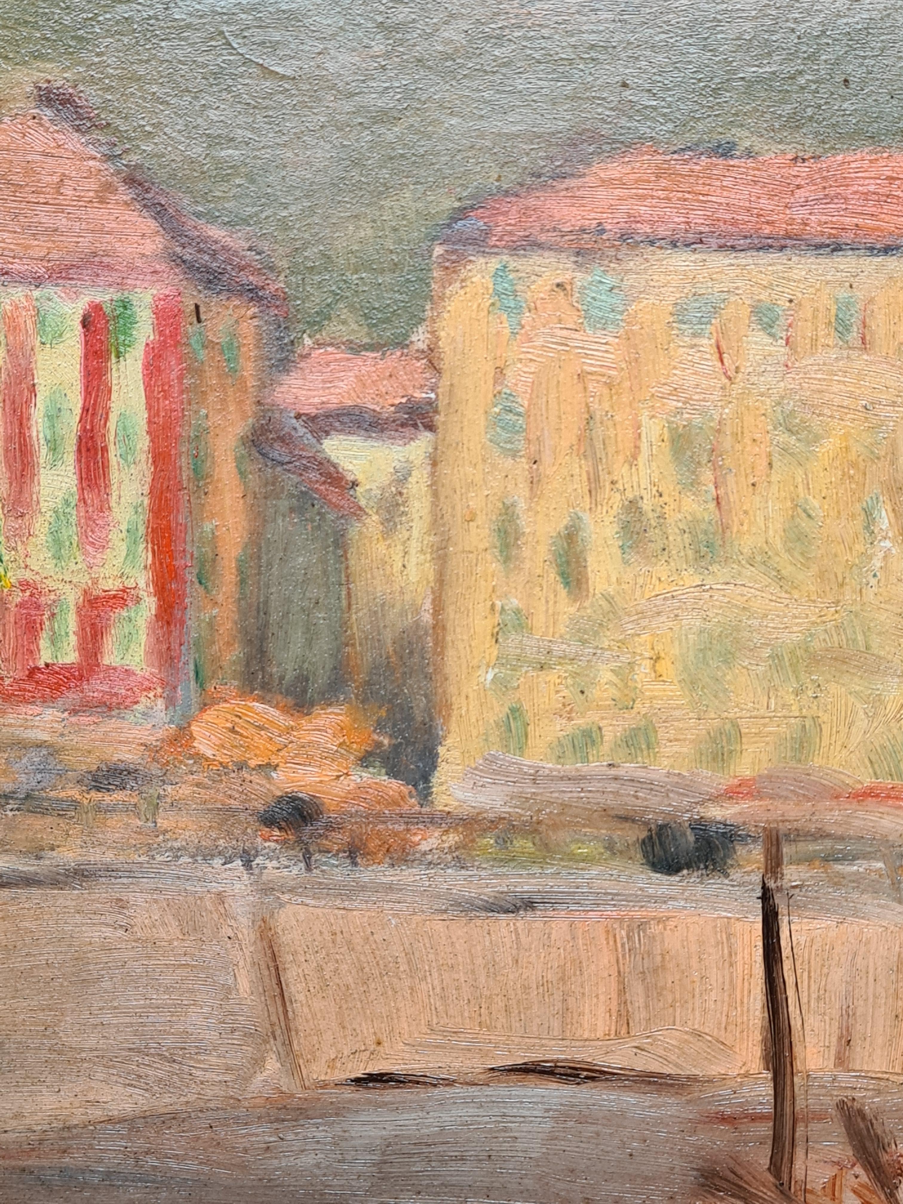 Olio su tavola della Scuola di Barbizon, impressionista francese del 1930, raffigurante il porto di Nizza sulla Costa Azzurra, nel sud della Francia.  di Georges Guerin (1910-1984). Il dipinto è firmato, datato e intitolato sul retro della tavola.