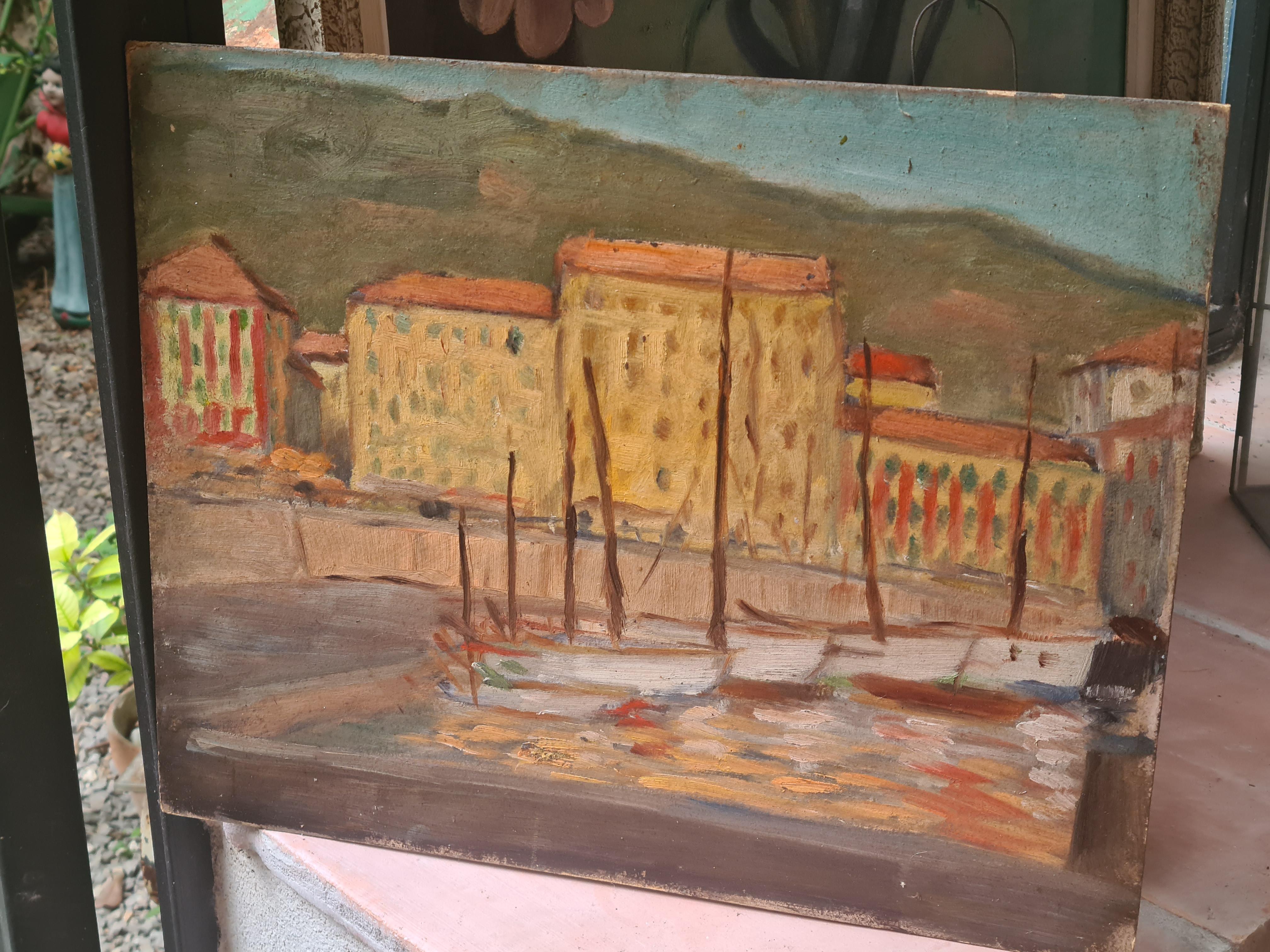 Olio su tavola impressionista della Scuola di Barbizon, Il Vecchio Porto, Nizza Costa Azzurra 2