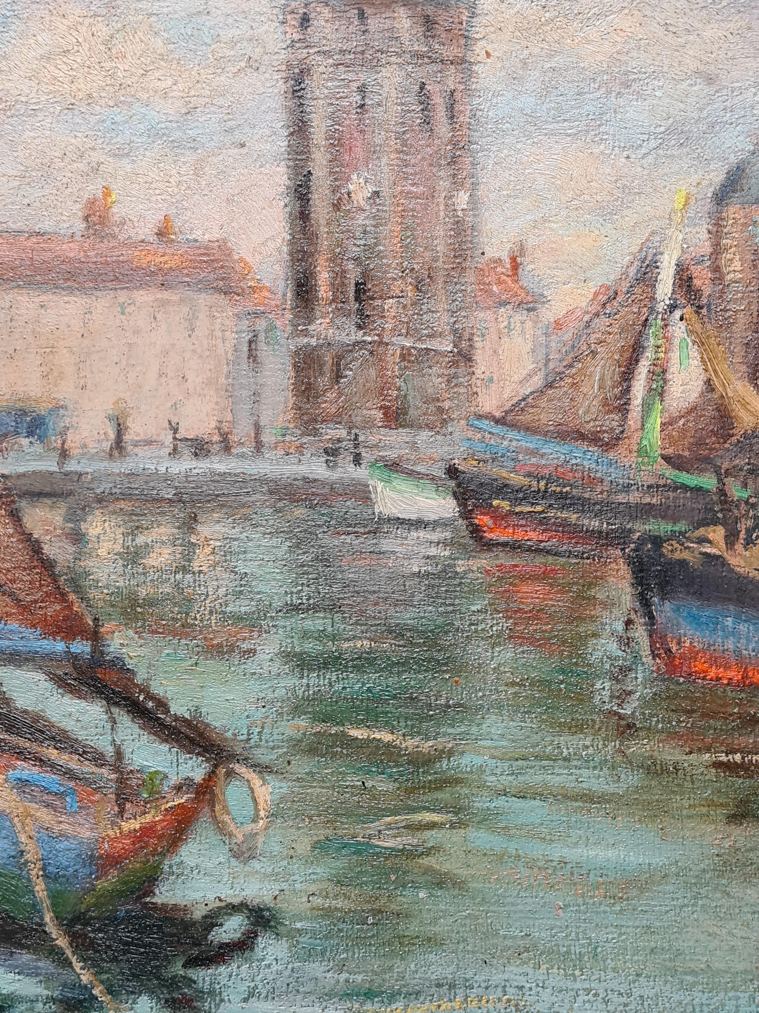 Impressionist Barbizon School Oil on Board, The Port With Sailboats - Brown Landscape Painting by Georges Guerin