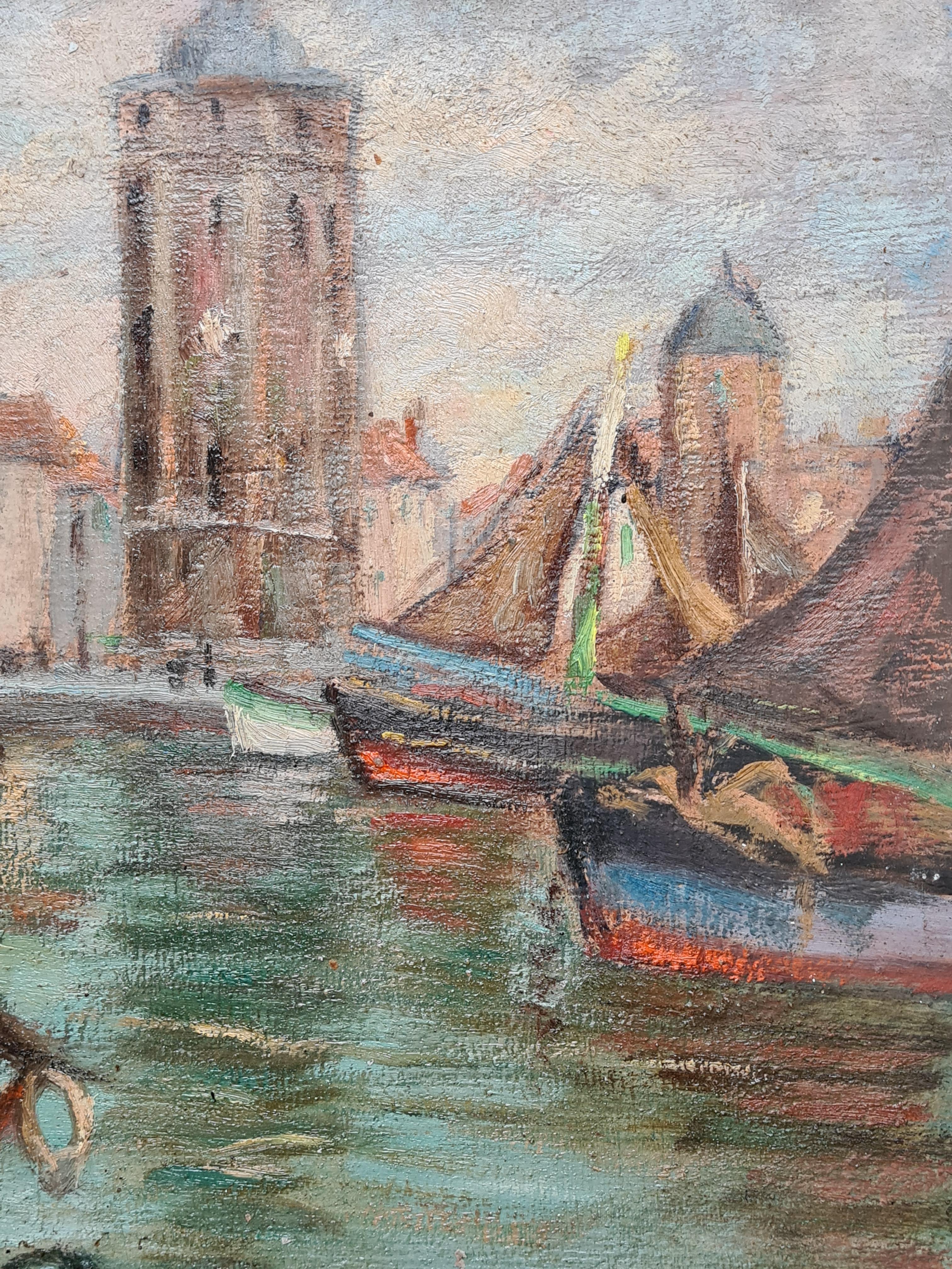 1930s French Impressionist Barbizon School oil on panel view a port by Georges Guerin (1910-1984). The painting is not signed but was acquired with a collection of other signed paintings from the artists atelier. To the back of the board is another