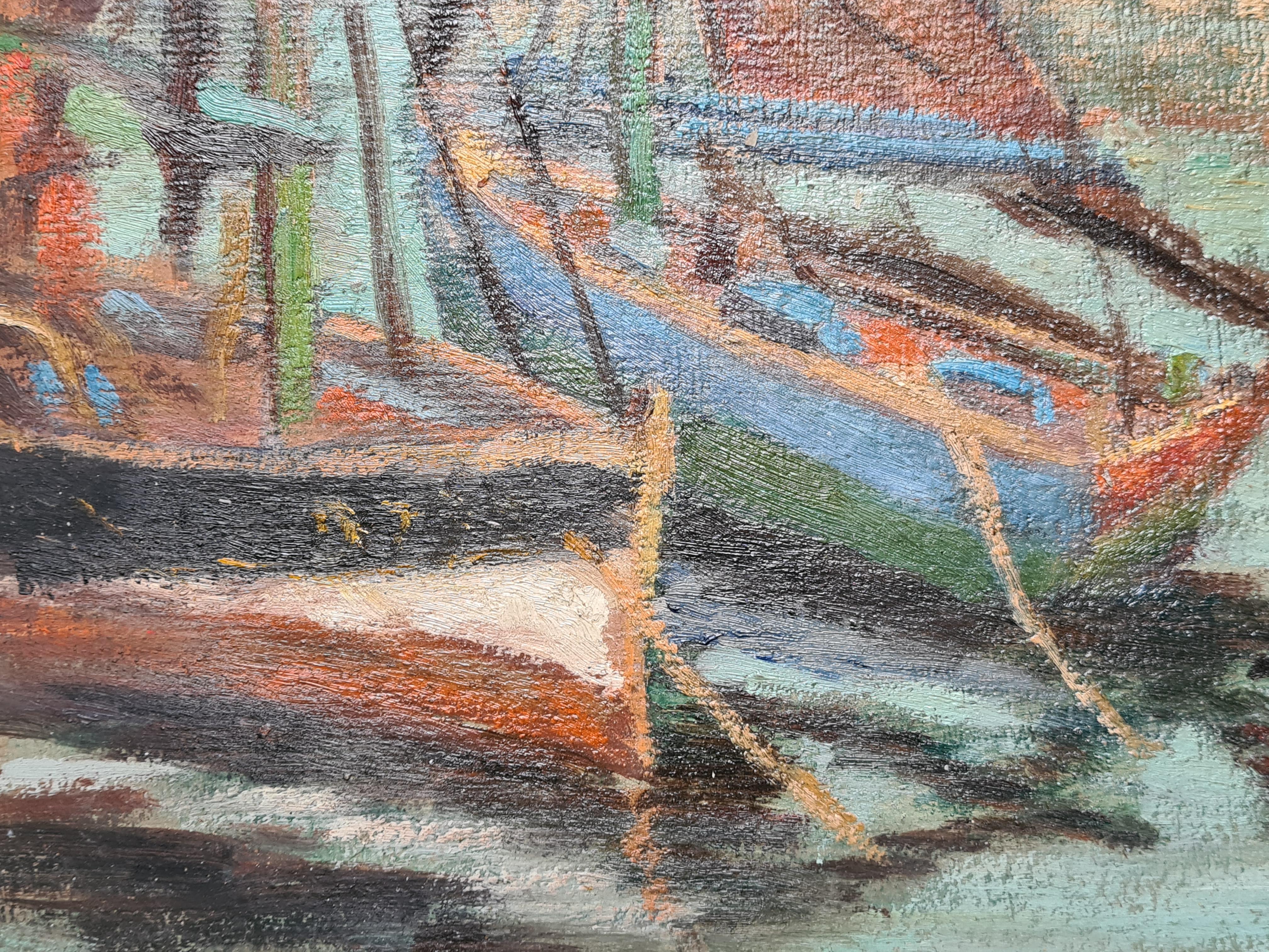 Impressionist Barbizon School Oil on Board, The Port With Sailboats For Sale 2