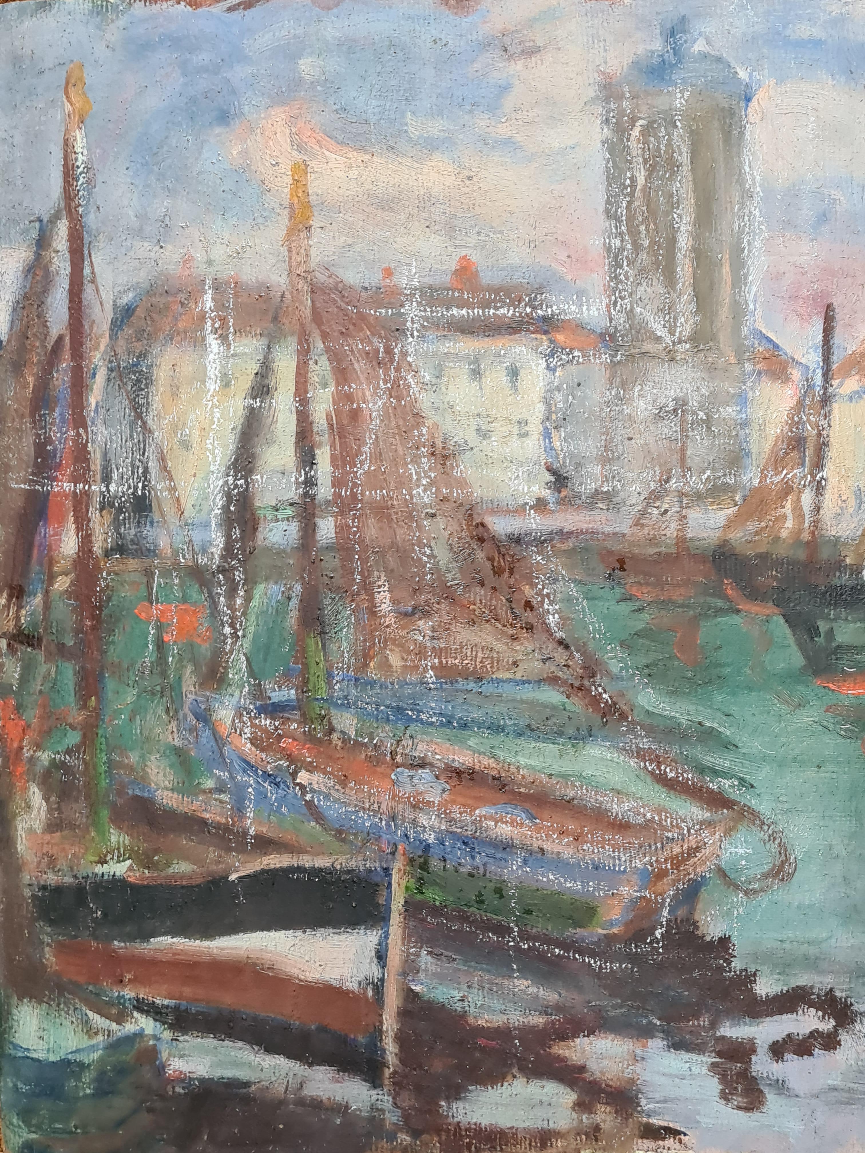 Impressionist Barbizon School Oil on Board, The Port With Sailboats For Sale 4