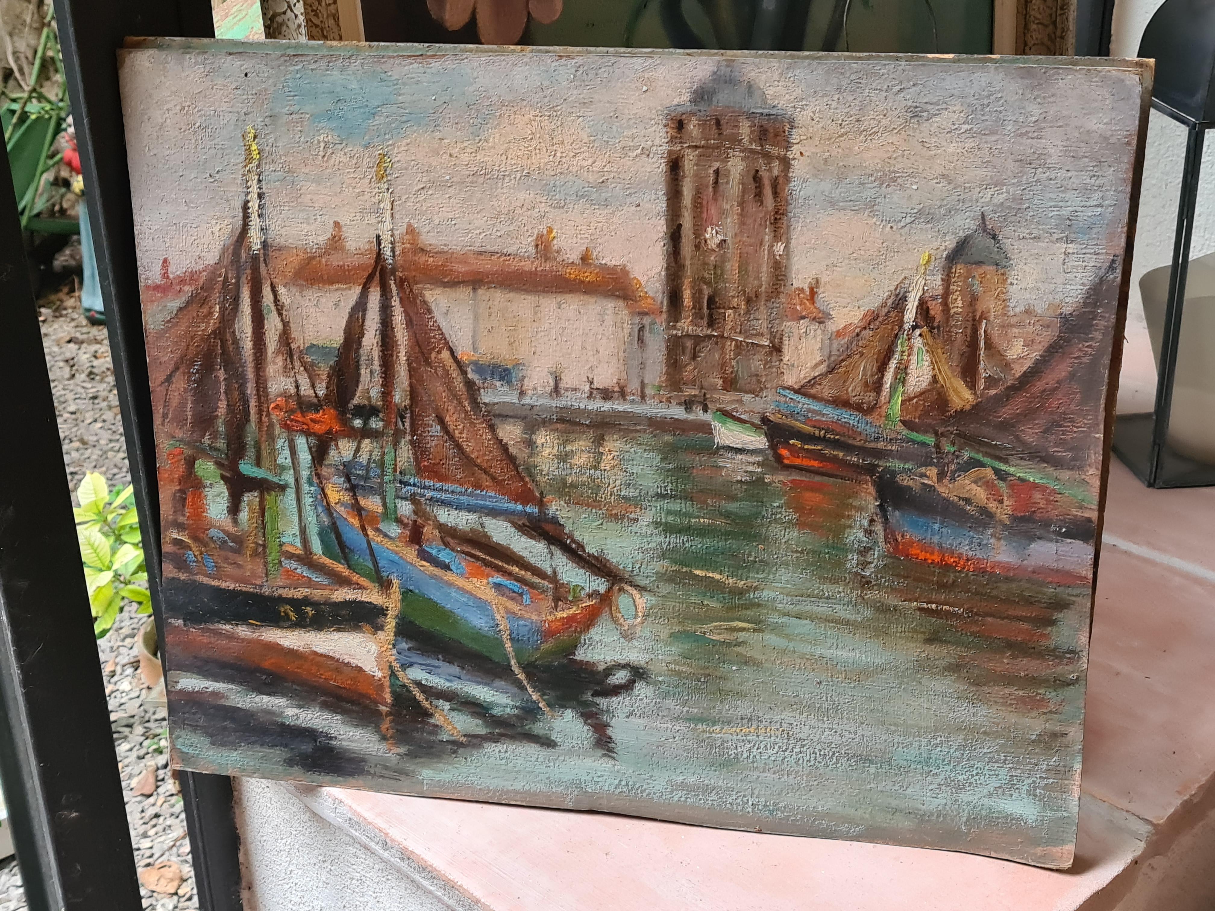Impressionist Barbizon School Oil on Board, The Port With Sailboats For Sale 5