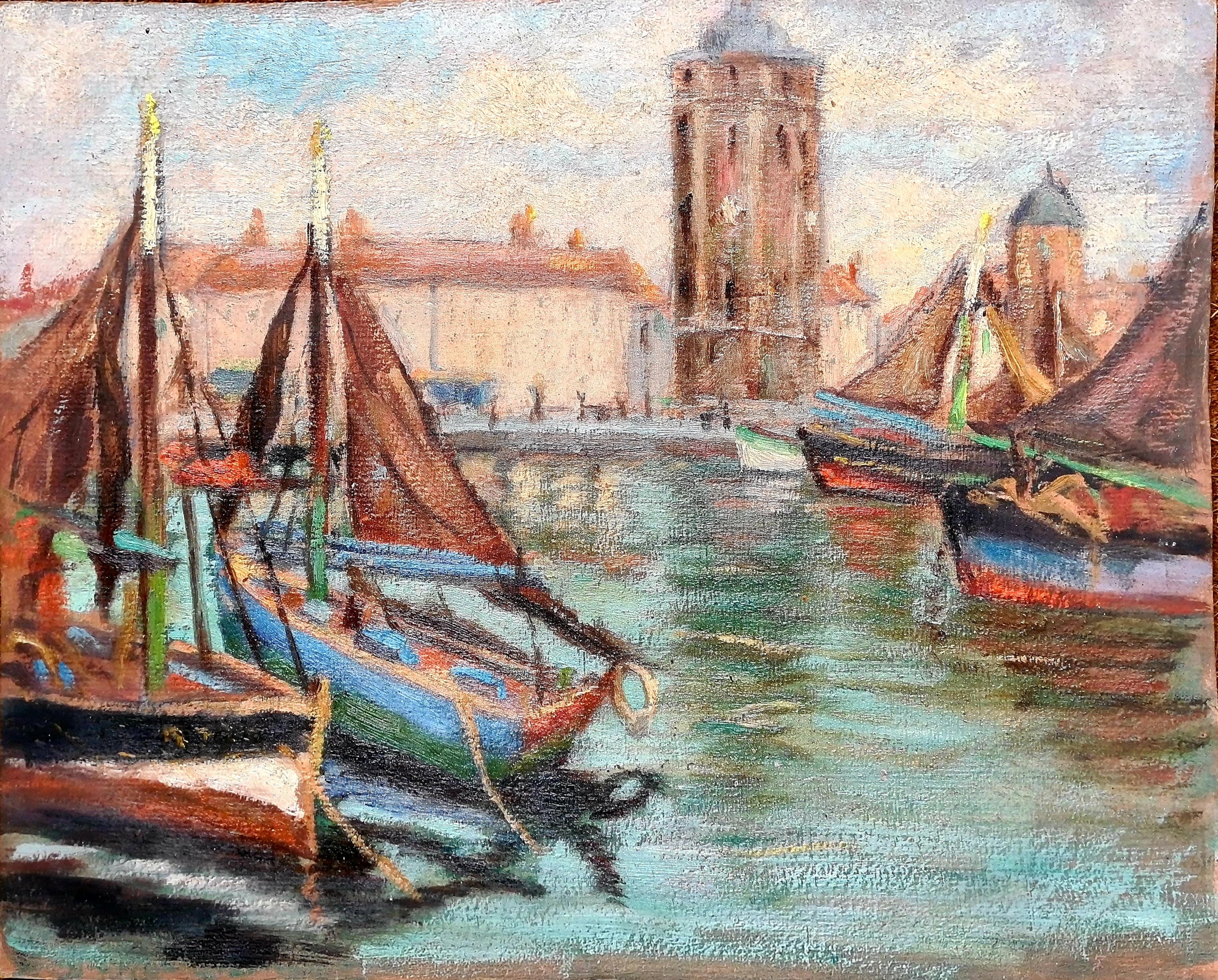 Georges Guerin Landscape Painting - Impressionist Barbizon School Oil on Board, The Port With Sailboats
