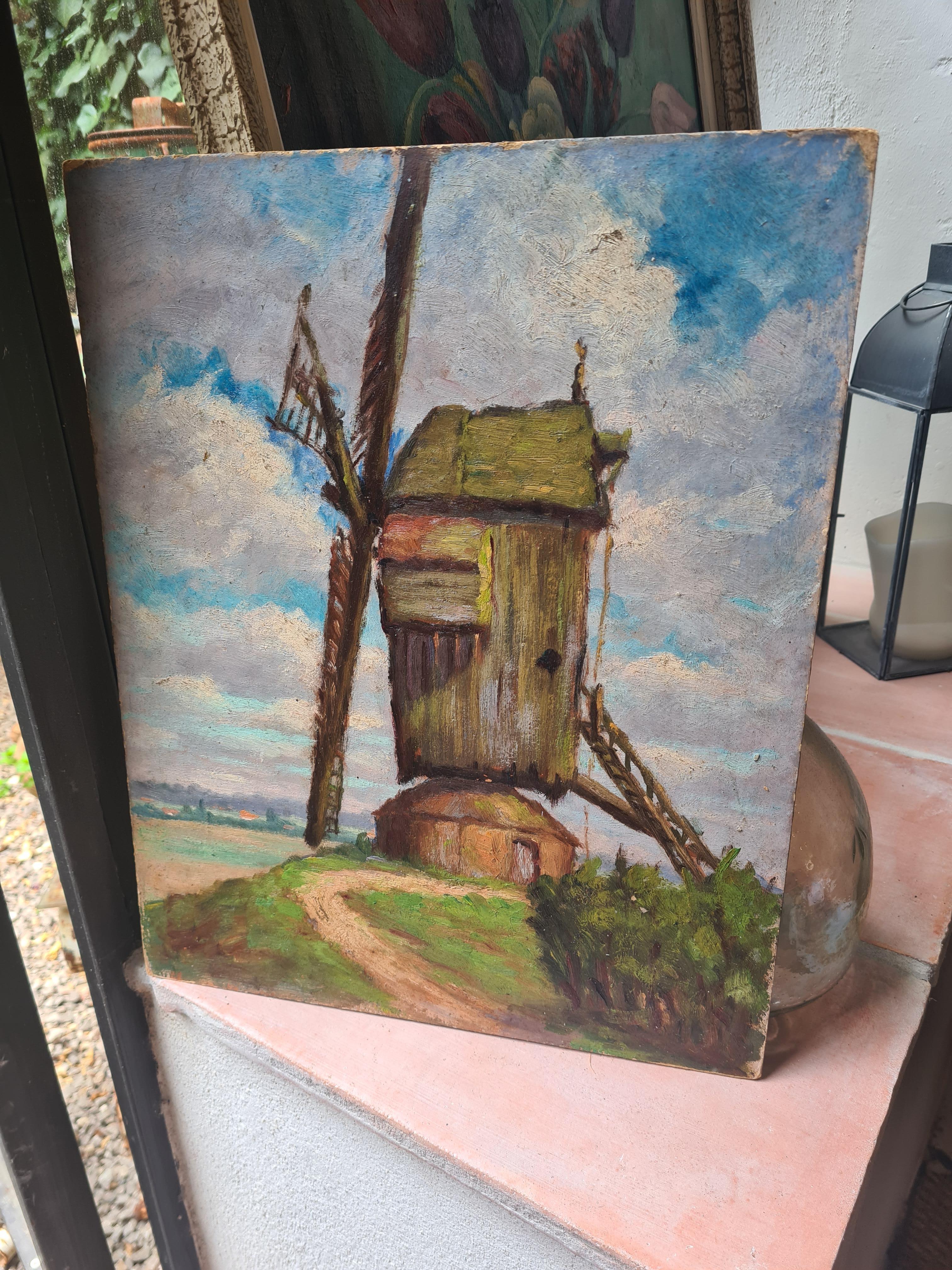 Huile sur panneau impressionniste de l'école de Barbizon, le moulin à vent 4