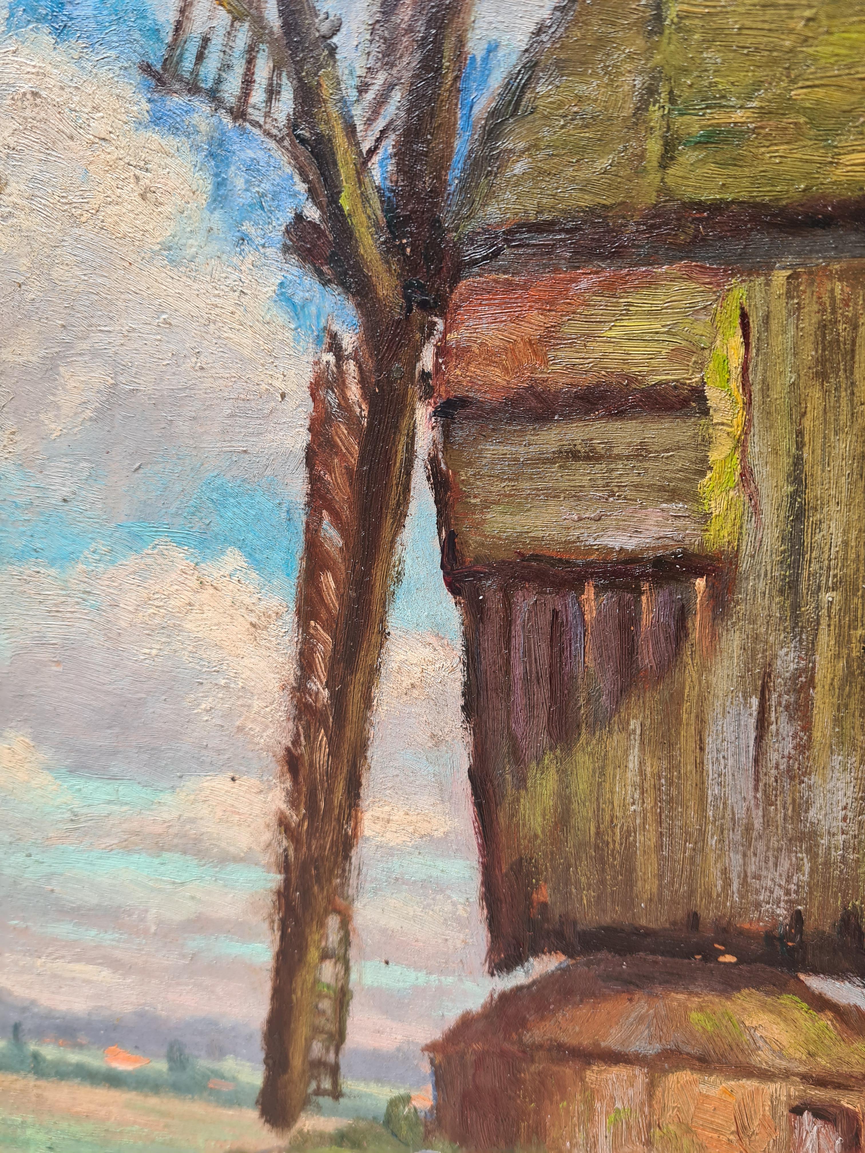 Huile sur panneau impressionniste de l'école de Barbizon, le moulin à vent - Painting de Georges Guerin