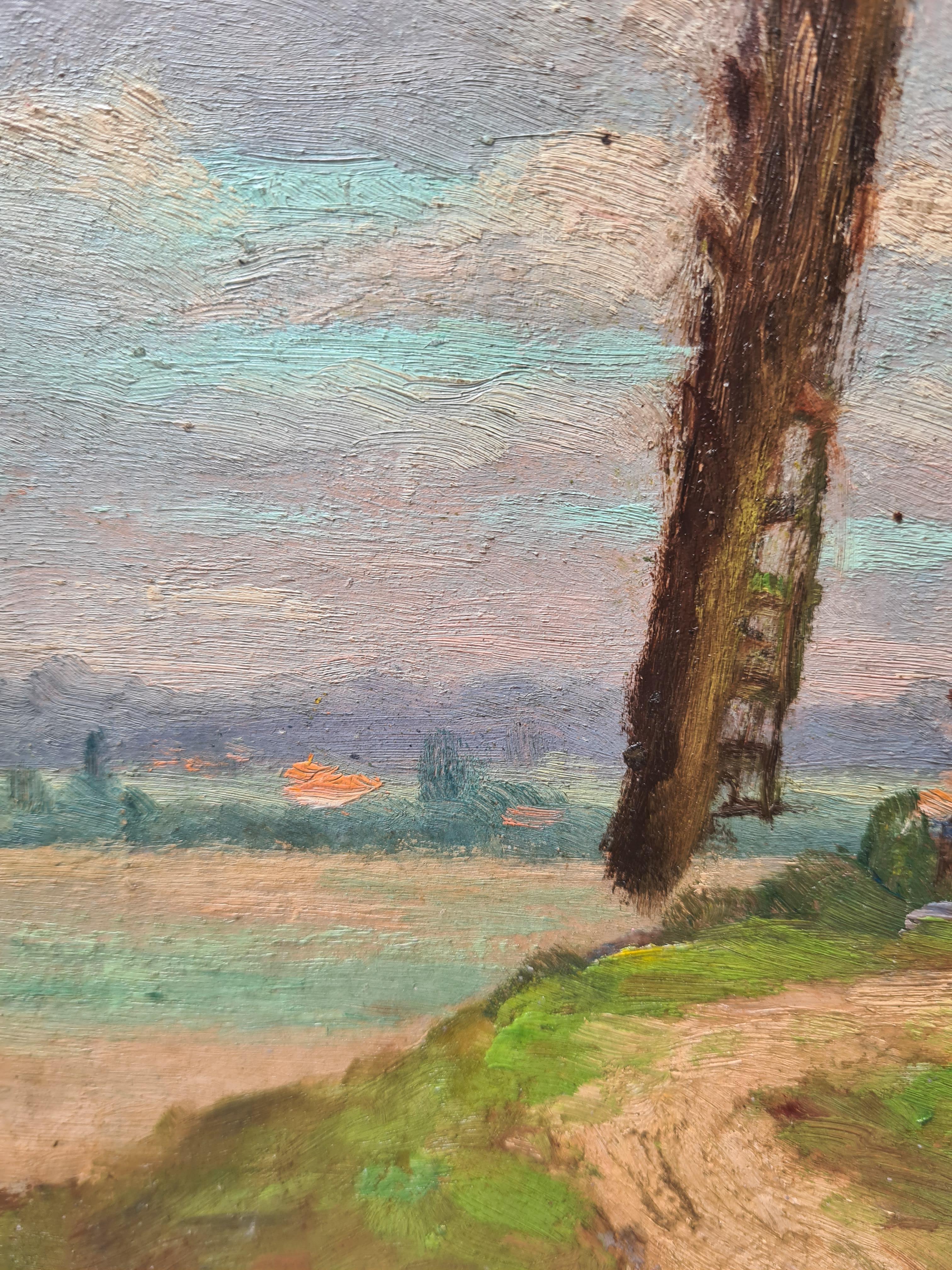 Huile sur panneau impressionniste de l'école de Barbizon, le moulin à vent - Impressionnisme Painting par Georges Guerin