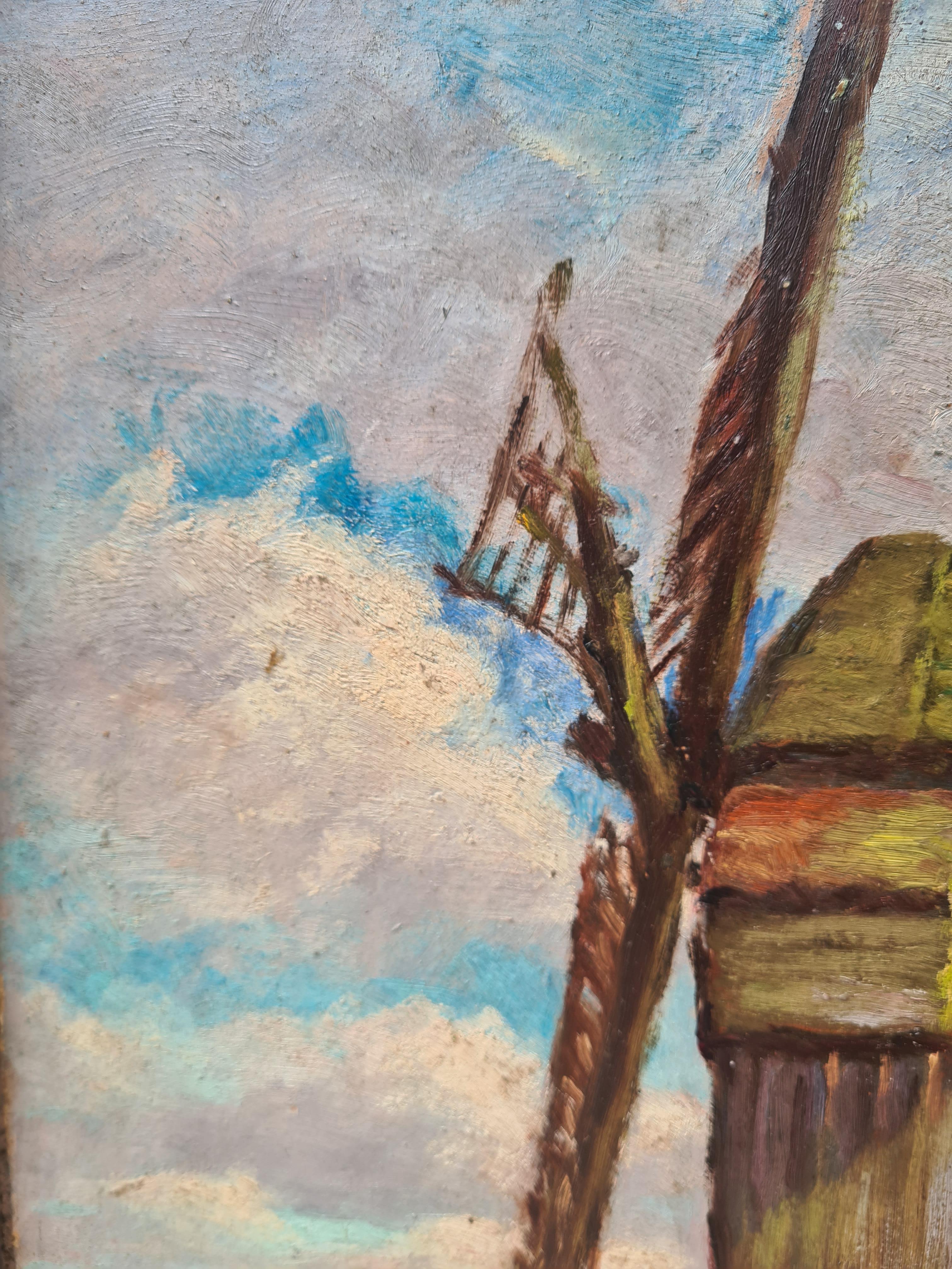 Huile sur panneau impressionniste de l'école de Barbizon, le moulin à vent - Gris Landscape Painting par Georges Guerin