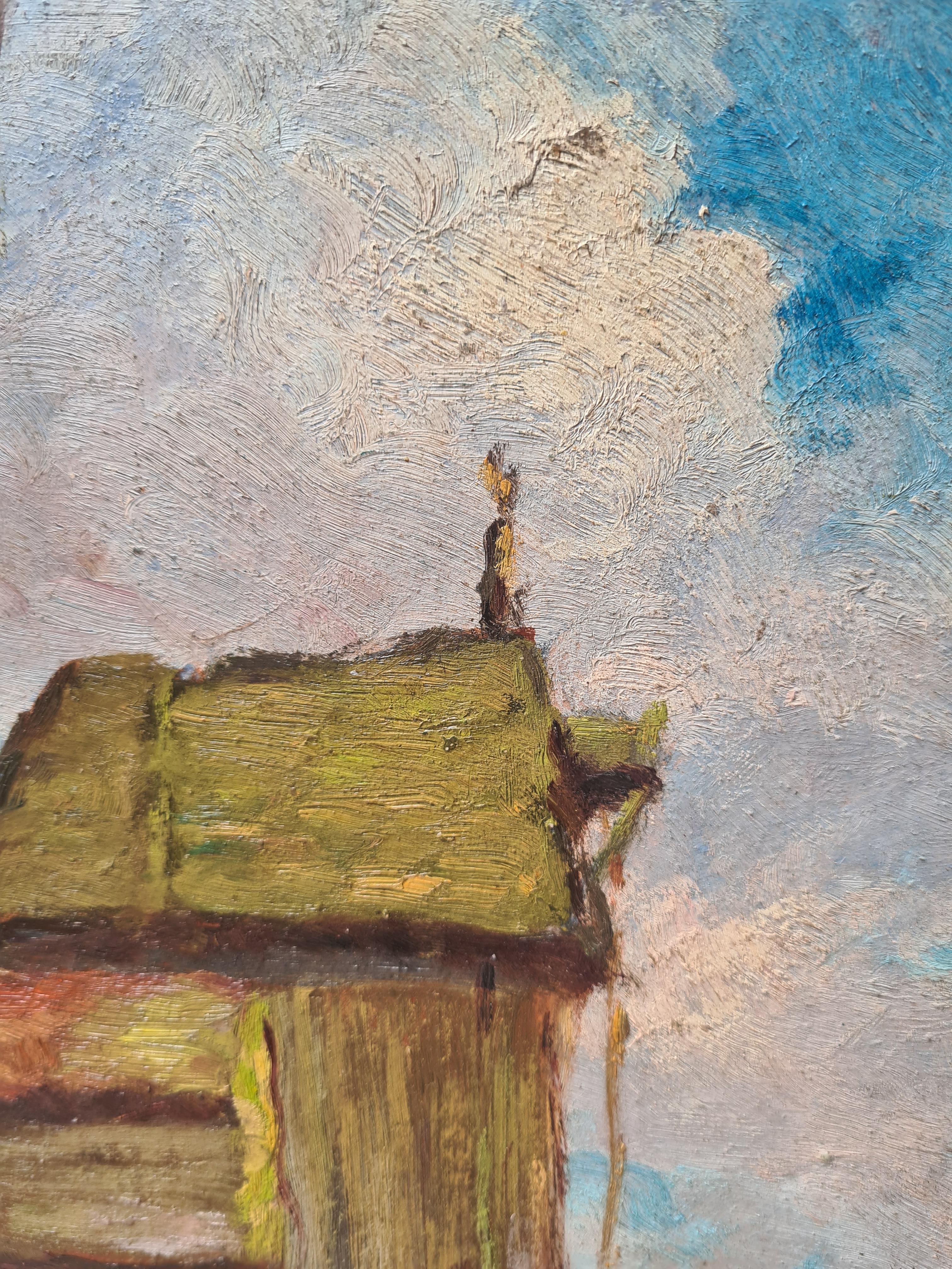 Huile sur panneau de l'école impressionniste française de Barbizon des années 1930 représentant un moulin à vent par Georges Guerin (1910-1984). Bien qu'il ne soit pas signé, ce tableau a été acquis avec une collection d'autres tableaux signés