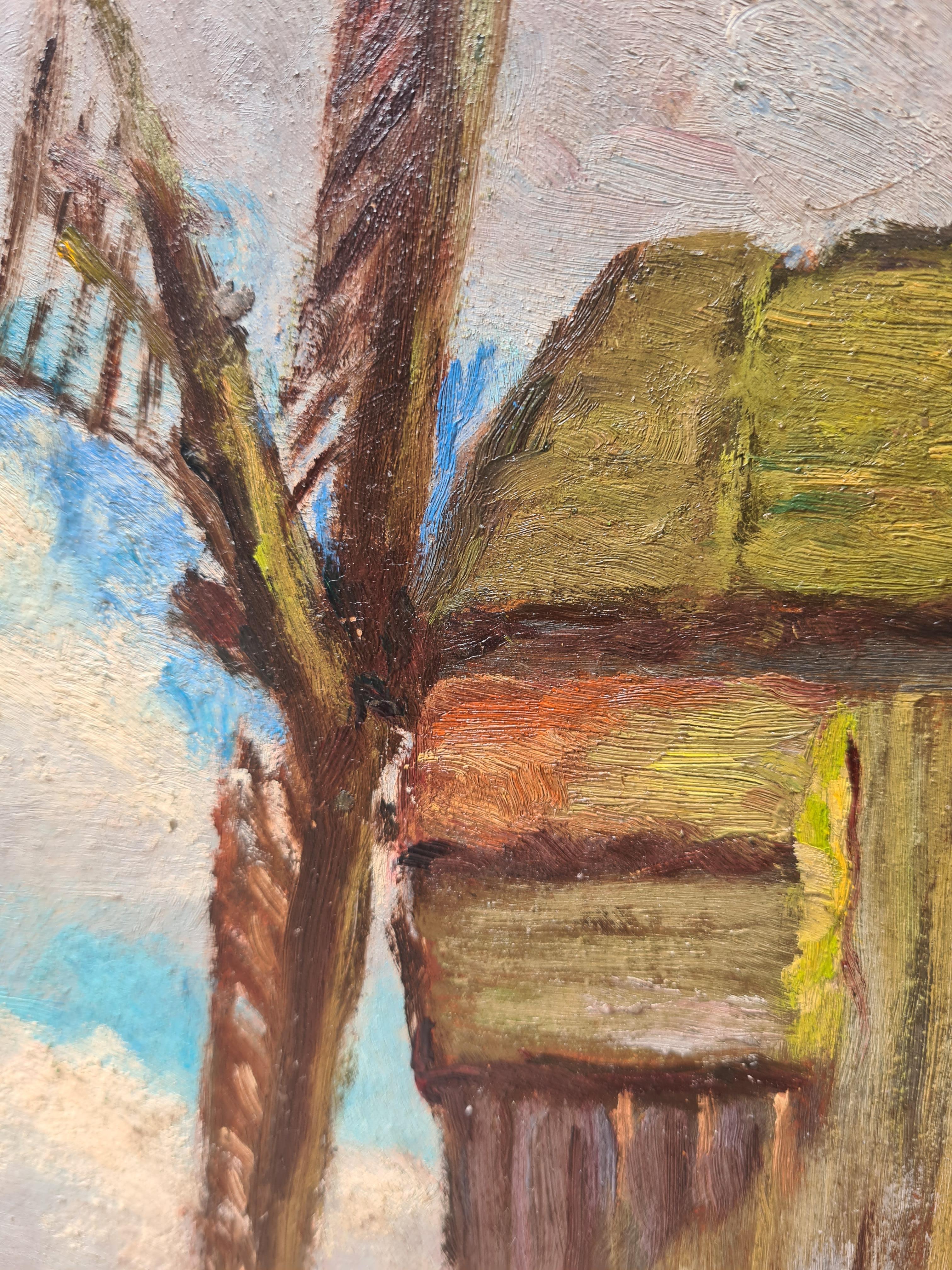 Huile sur panneau impressionniste de l'école de Barbizon, le moulin à vent 1