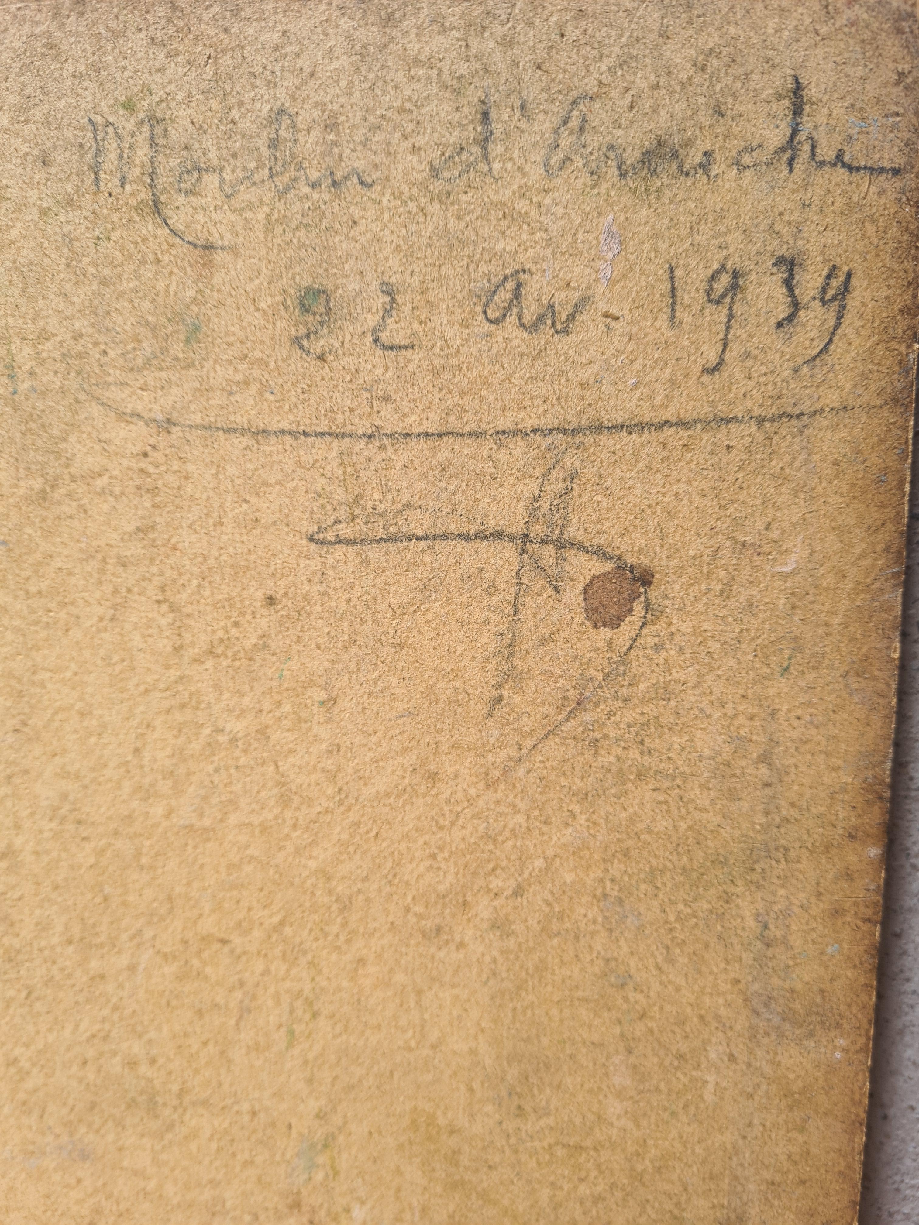 Huile sur panneau impressionniste de l'école de Barbizon, le moulin à vent 2