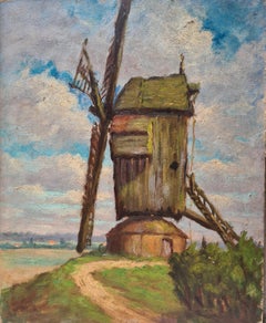 Huile sur panneau impressionniste de l'école de Barbizon, le moulin à vent