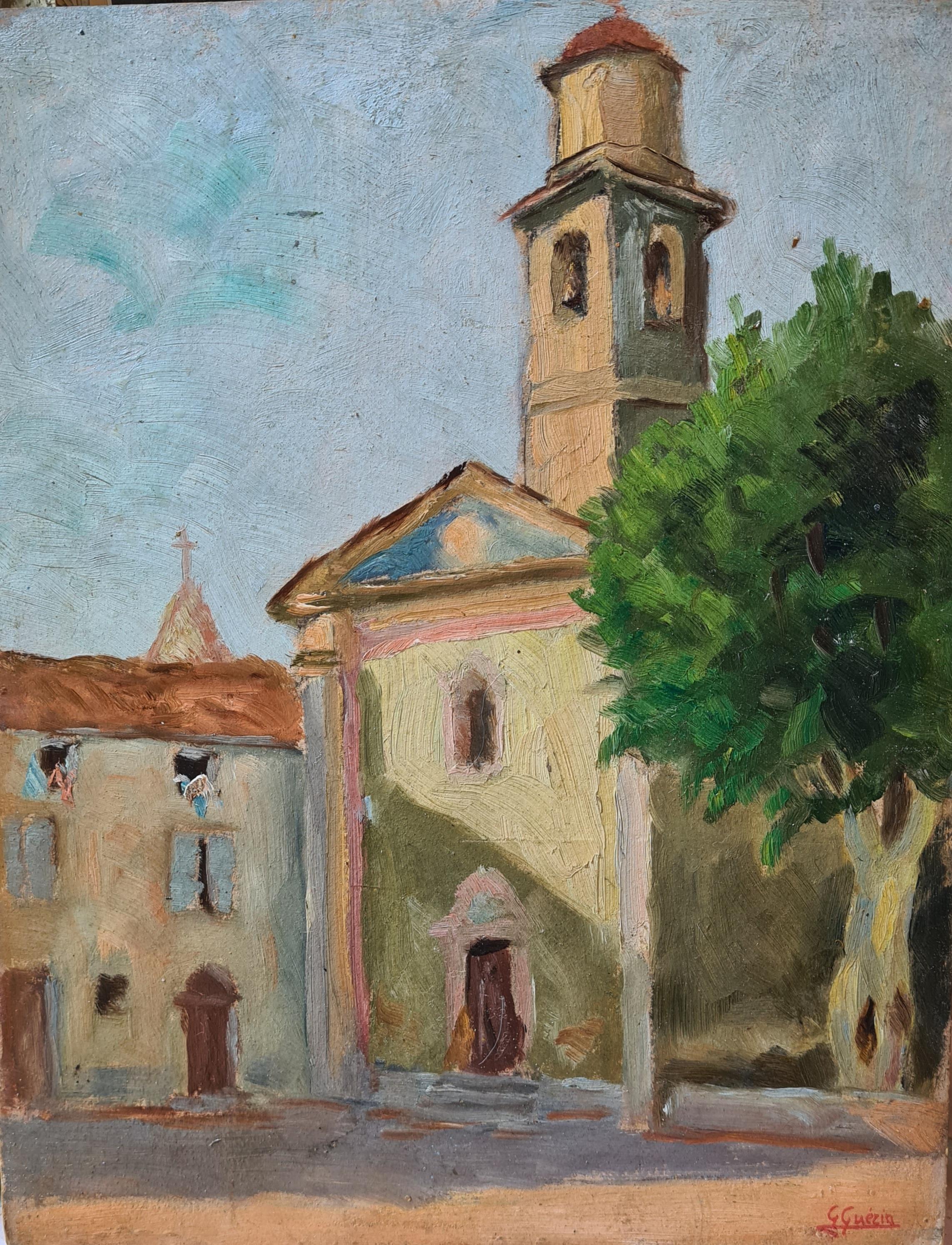 Olio impressionista su tavola, l'Eglise des Penitents, Sospel, Sud della Francia - Painting di Georges Guerin