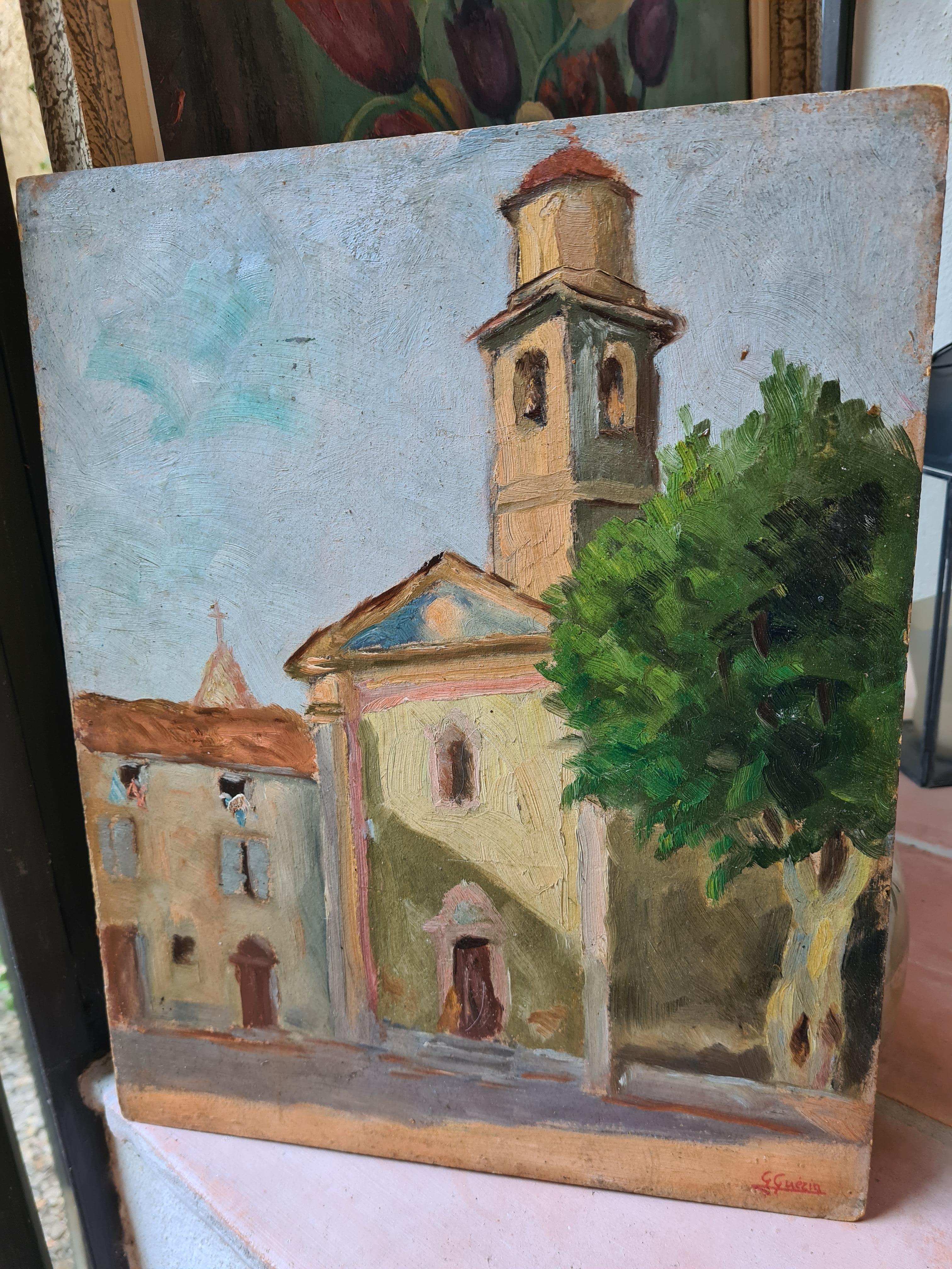 Olio impressionista su tavola, l'Eglise des Penitents, Sospel, Sud della Francia - Landscape Painting Grigio di Georges Guerin