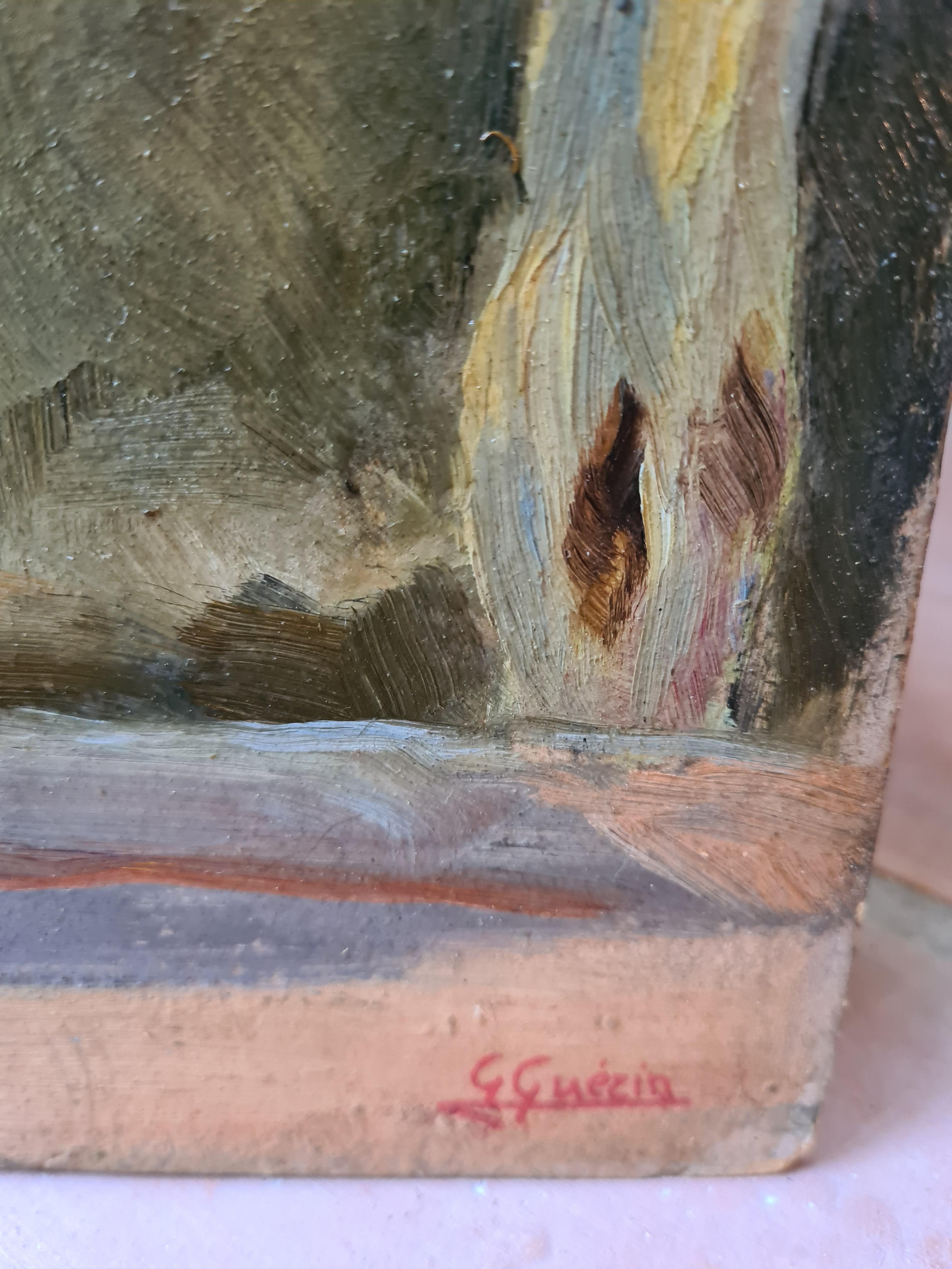 Olio su tavola della Scuola di Barbizon, impressionista francese degli anni '30, raffigurante una chiesa a Sospel, nel sud della Francia, di Georges Guerin (1910-1984). Il dipinto è intitolato, datato e firmato sul retro della tavola, con timbro