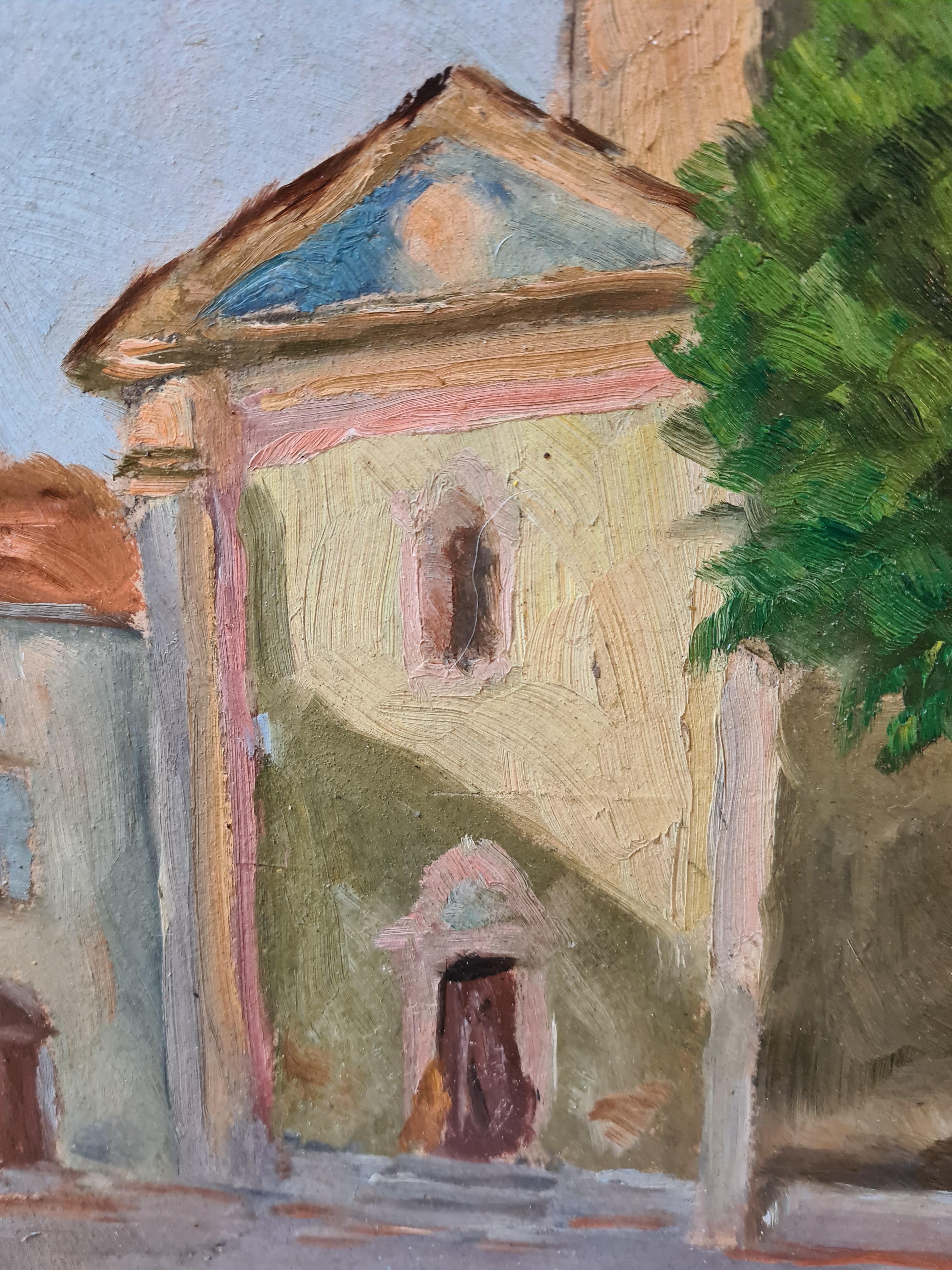 Olio impressionista su tavola, l'Eglise des Penitents, Sospel, Sud della Francia 1