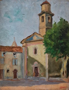 Impressionistisches Ölgemälde auf Karton, l'Eglise des Penitents, Sospel, Südfrankreich