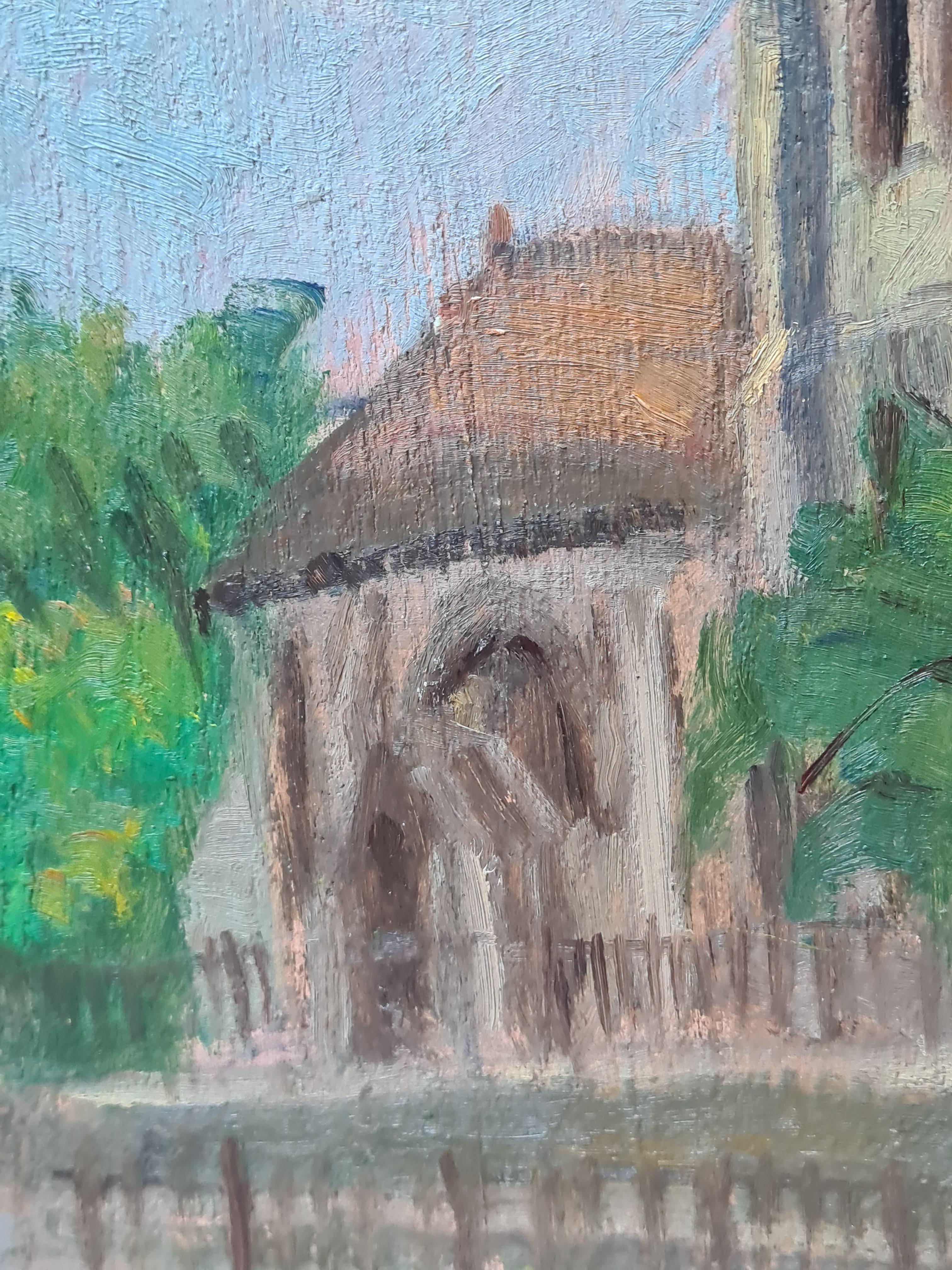 Olio impressionista francese su tavola del 1940 con veduta della chiesa di St. Pierre a Montmartre, Parigi, di Georges Guerin (1910-1984). Sebbene non sia firmato, il quadro è stato acquistato insieme a una collezione di altri dipinti firmati