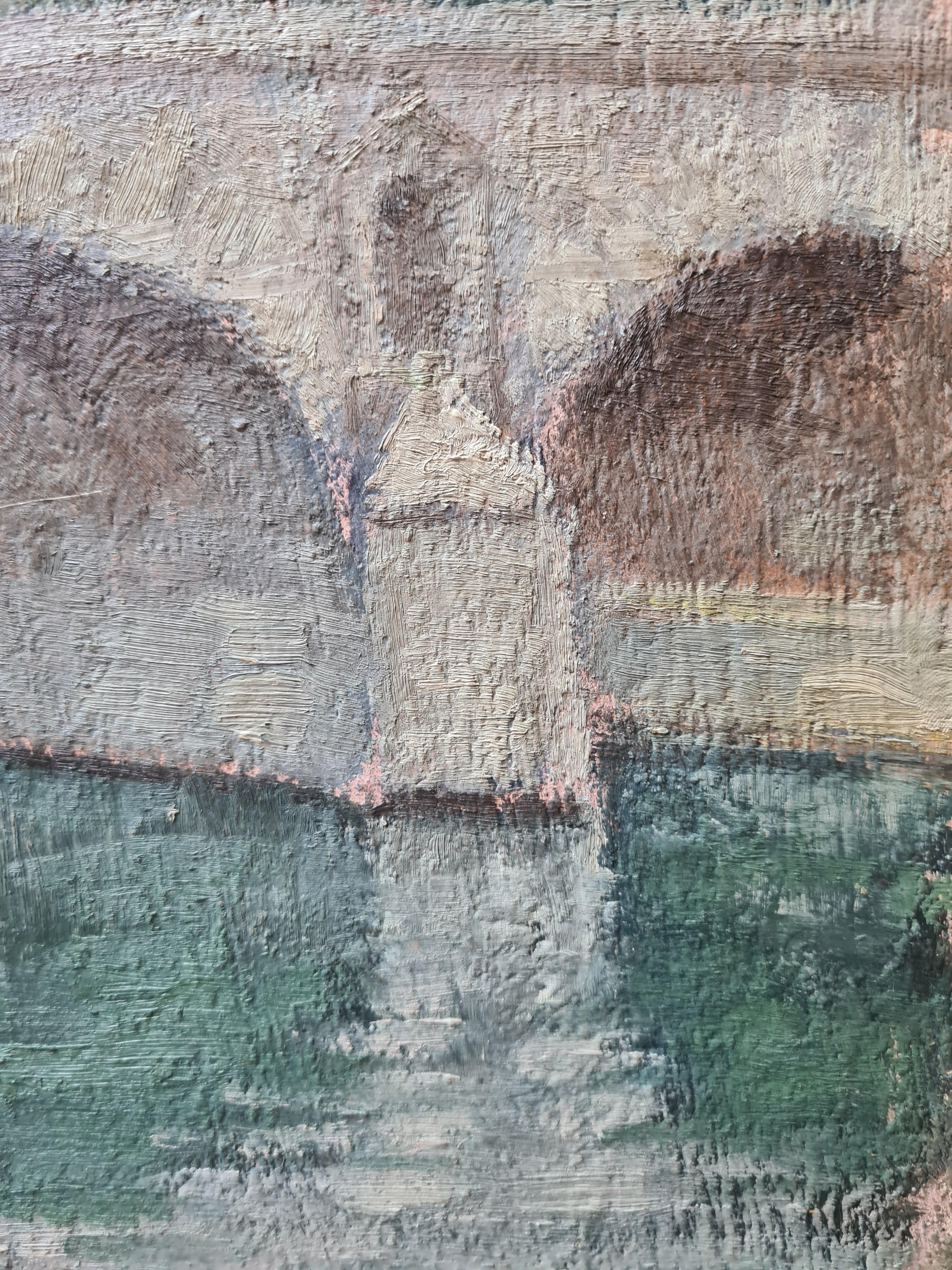 Olio impressionista francese del 1940 su pannello con veduta del Pont Marie a Parigi di Georges Guerin (1910-1984). Sebbene non sia firmato, il quadro è stato acquistato insieme a una collezione di altri dipinti firmati provenienti dall'Atelier