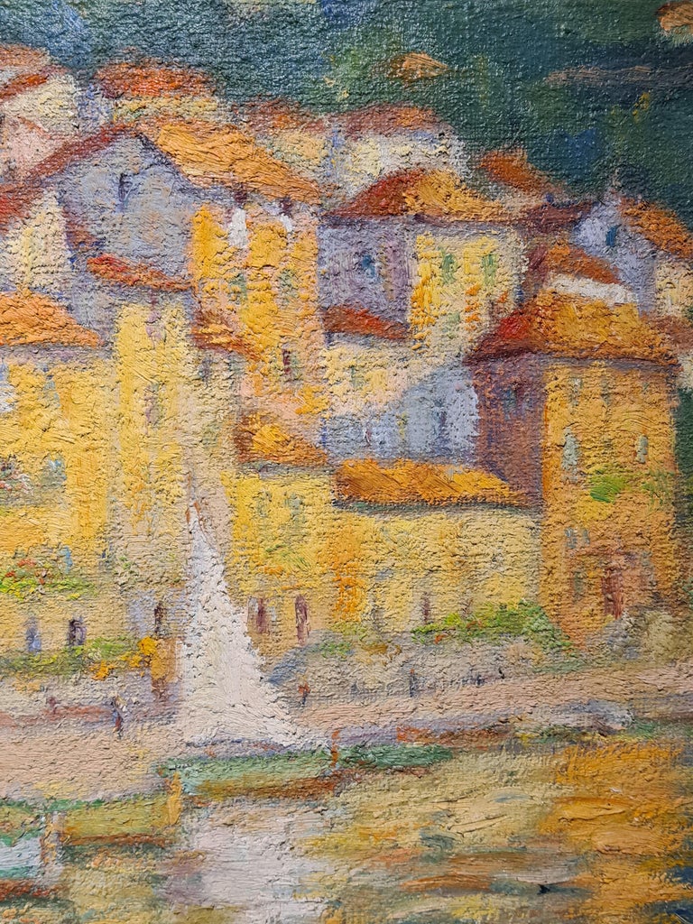 Mid 20th Century French Impressionist oil on canvas view of the port of Villefranche on the Côte d'Azur, South of France, by George Guerin (1910-1984). Colourful, vibrant oil on canvas, close to pointillist in style.

Also noted for his Paris street