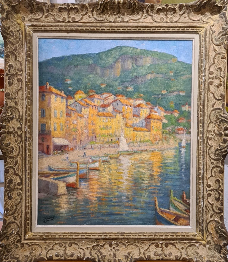 Georges Guerin Landscape Painting - Large mid 20th Century French Impressionist view of Villefranche, Cote d'Azur