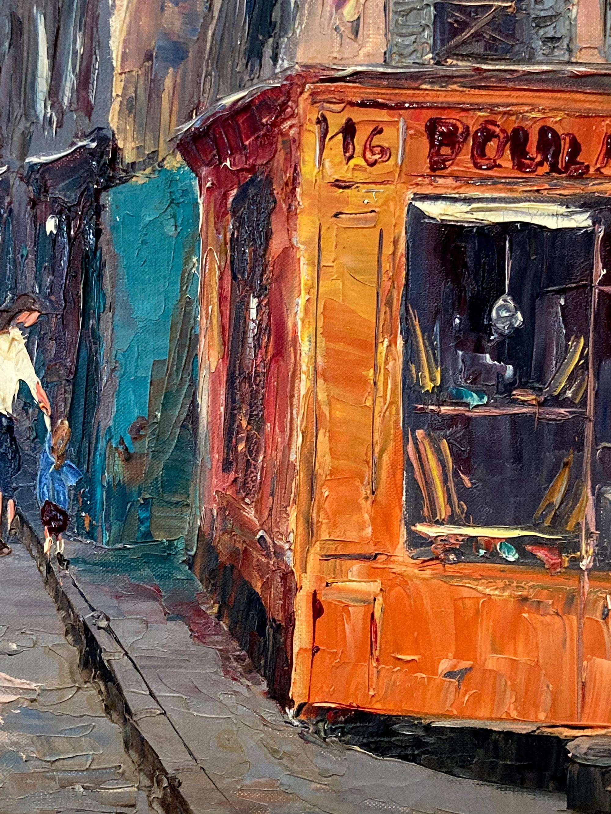 « Scène de rue parisienne » - Peinture à l'huile impressionniste française représentant Paris avec des personnages en vente 5