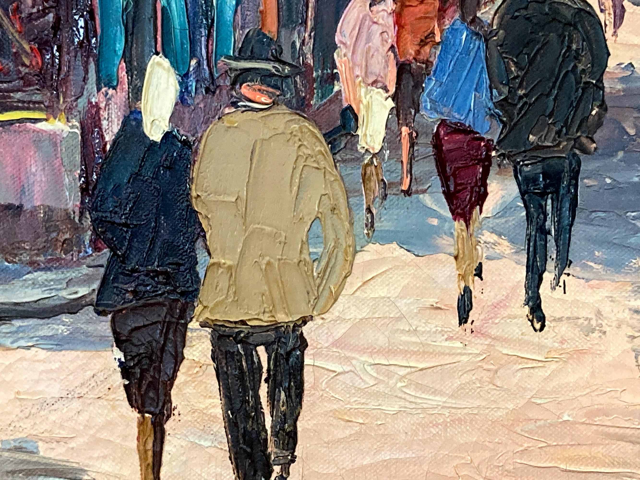« Scène de rue parisienne » - Peinture à l'huile impressionniste française représentant Paris avec des personnages en vente 6