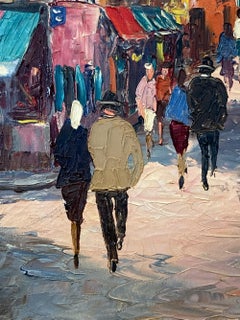 « Scène de rue parisienne » - Peinture à l'huile impressionniste française représentant Paris avec des personnages