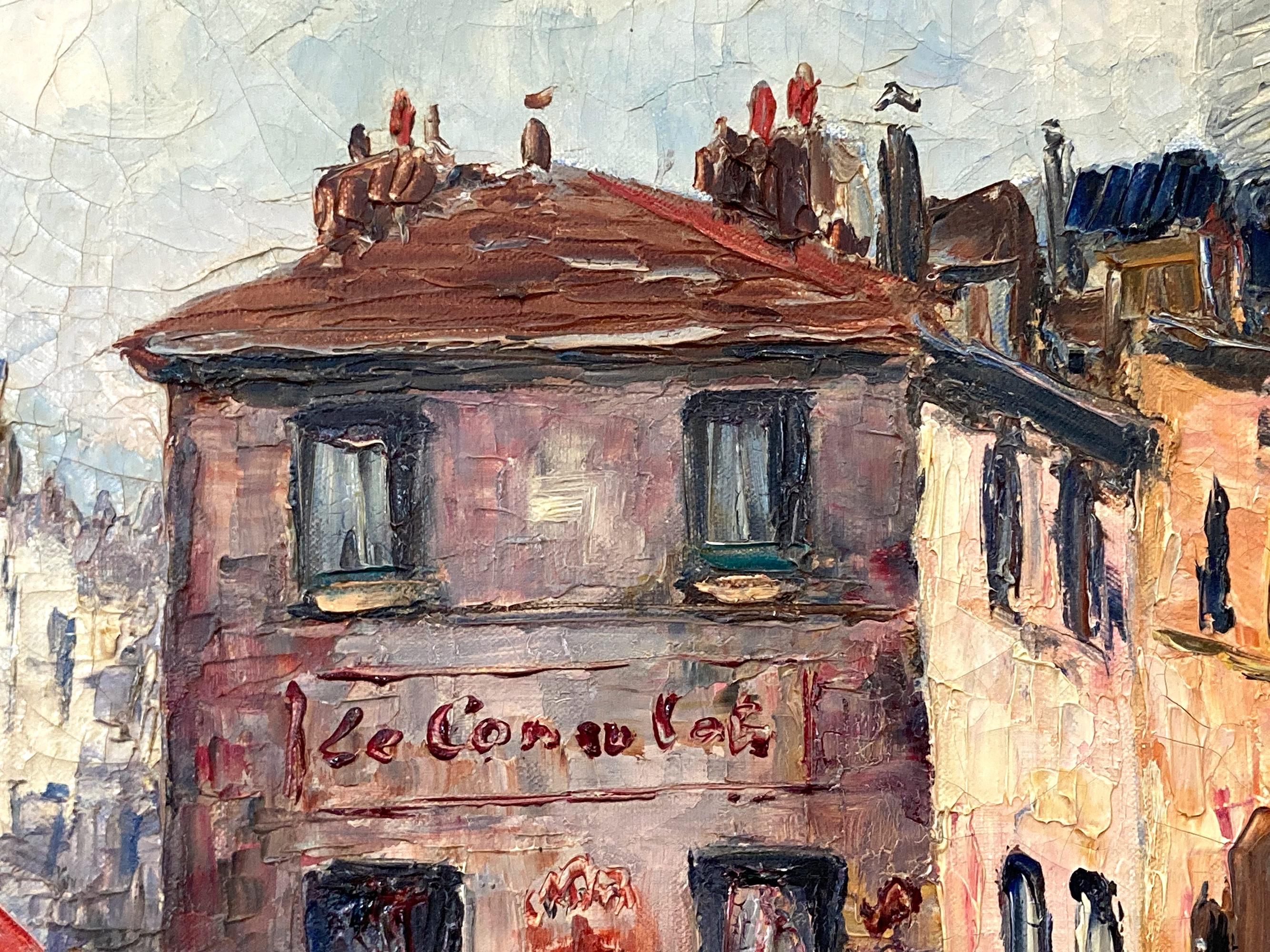 « Scène de rue parisienne » - Peinture à l'huile impressionniste française représentant Paris avec des personnages - Marron Figurative Painting par Georges Guerin