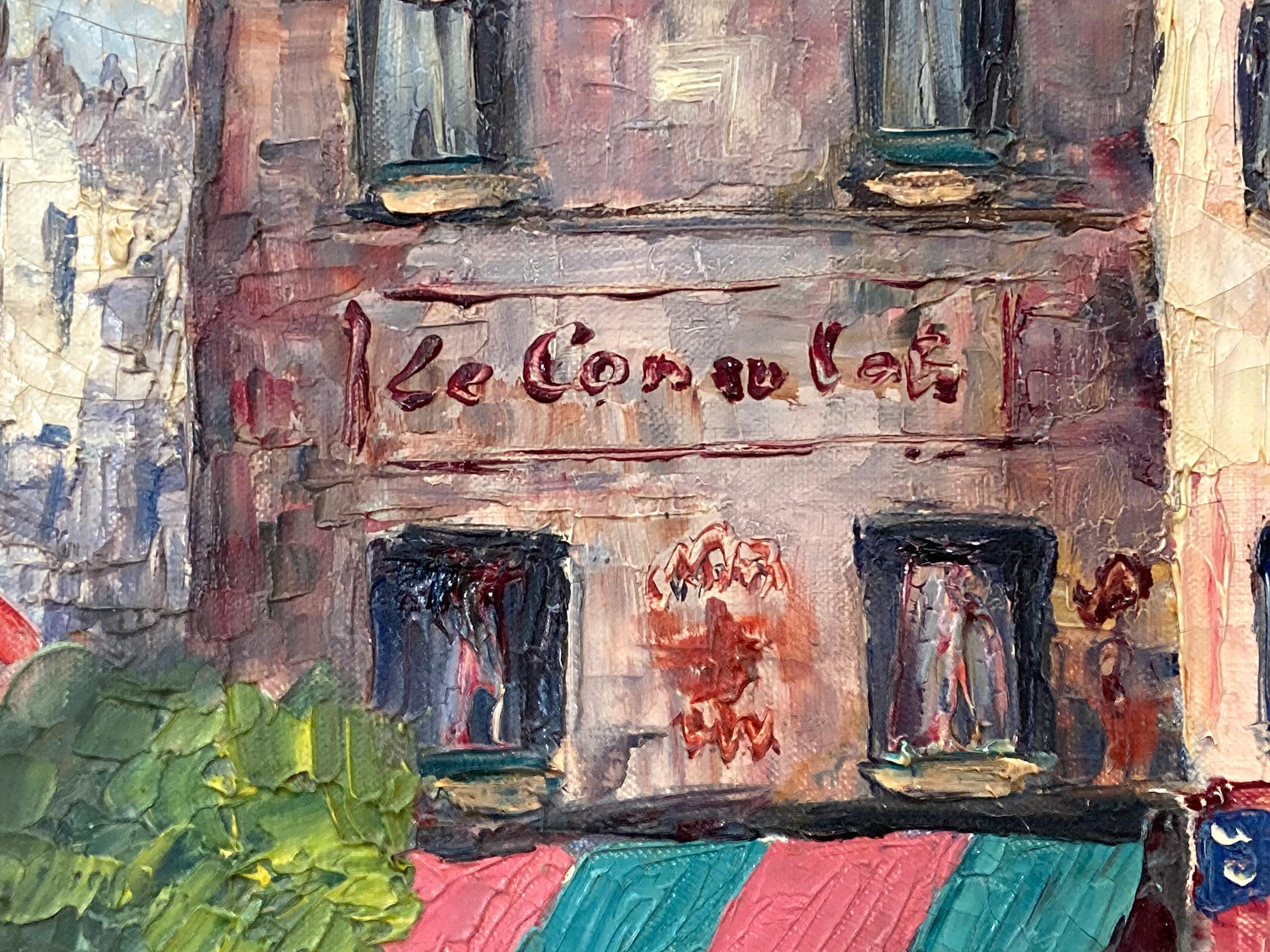 Dans cette œuvre, l'artiste dépeint son sujet de manière fantaisiste et impressionniste, capturant avec beaucoup de vie les cafés des rues animées du 20e siècle. Au loin, nous apercevons Montmartre, il est principalement connu pour son histoire