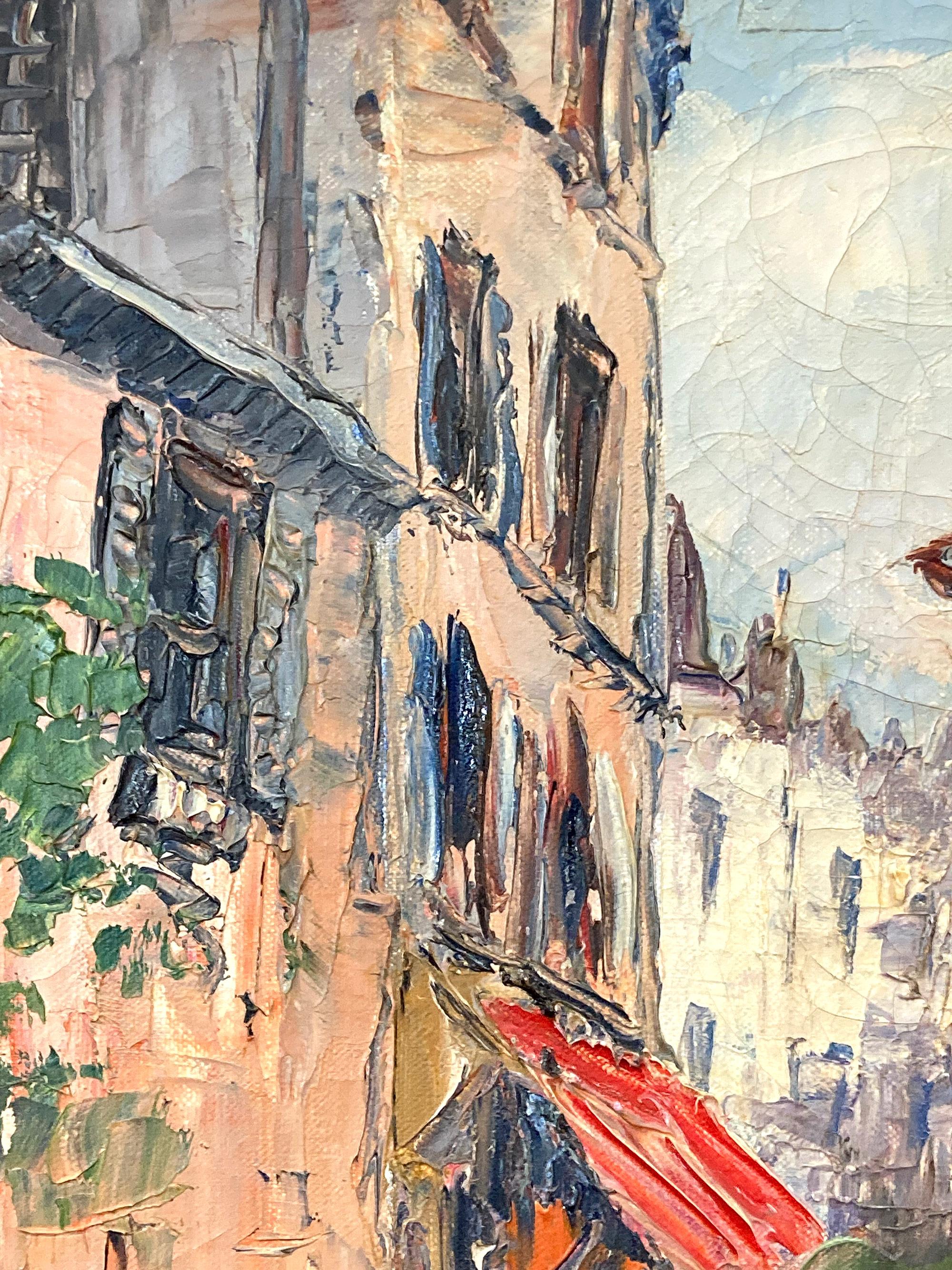 « Scène de rue parisienne » - Peinture à l'huile impressionniste française représentant Paris avec des personnages en vente 1