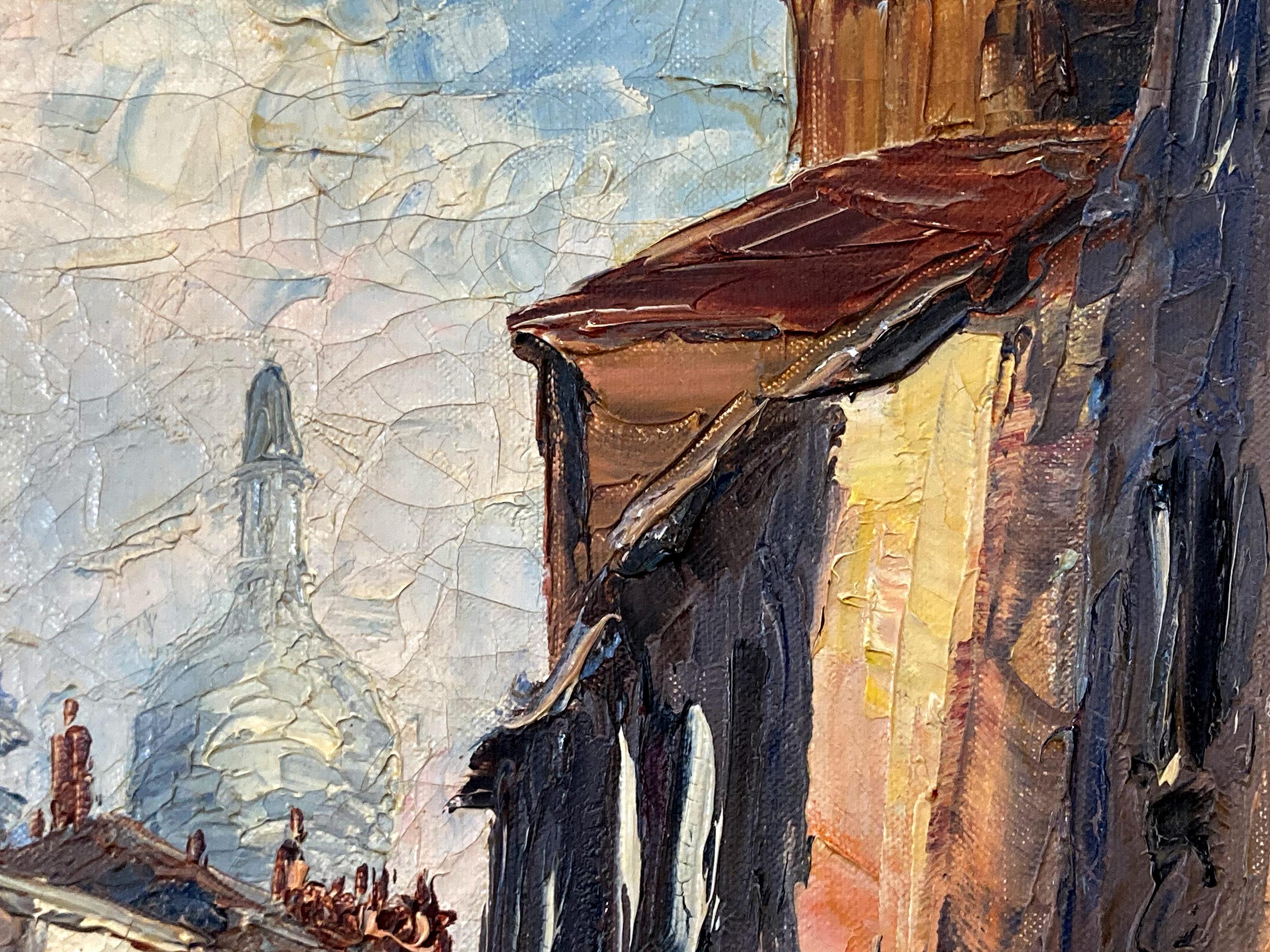 « Scène de rue parisienne » - Peinture à l'huile impressionniste française représentant Paris avec des personnages en vente 4