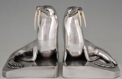 Georges H. Laurent Art Deco Versilberte Bronze Walross Buchstützen Frankreich 1925