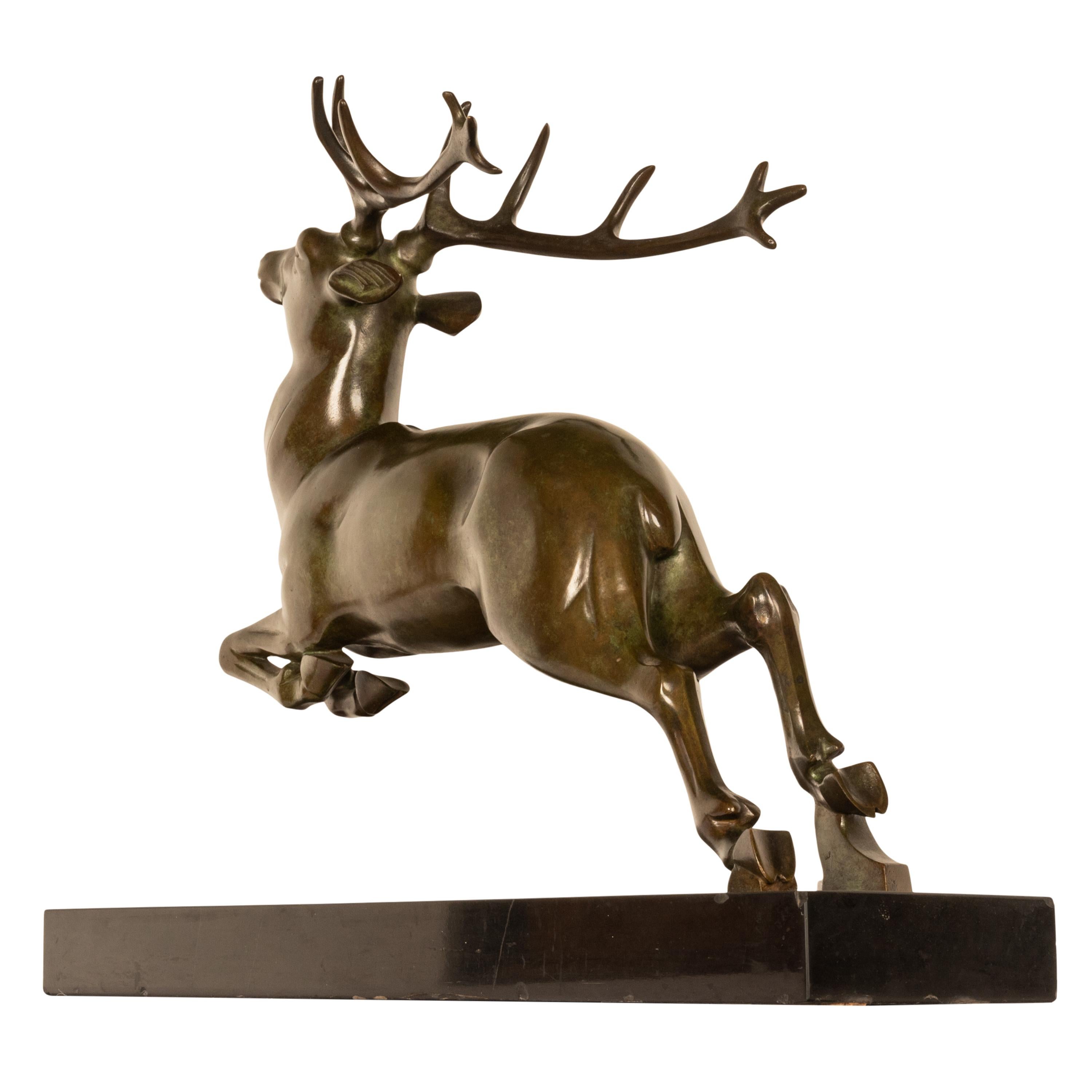 Antique French Art deco Leaping Stag Bronze Statue Sculpture Bronze marble 1925 For Sale 8