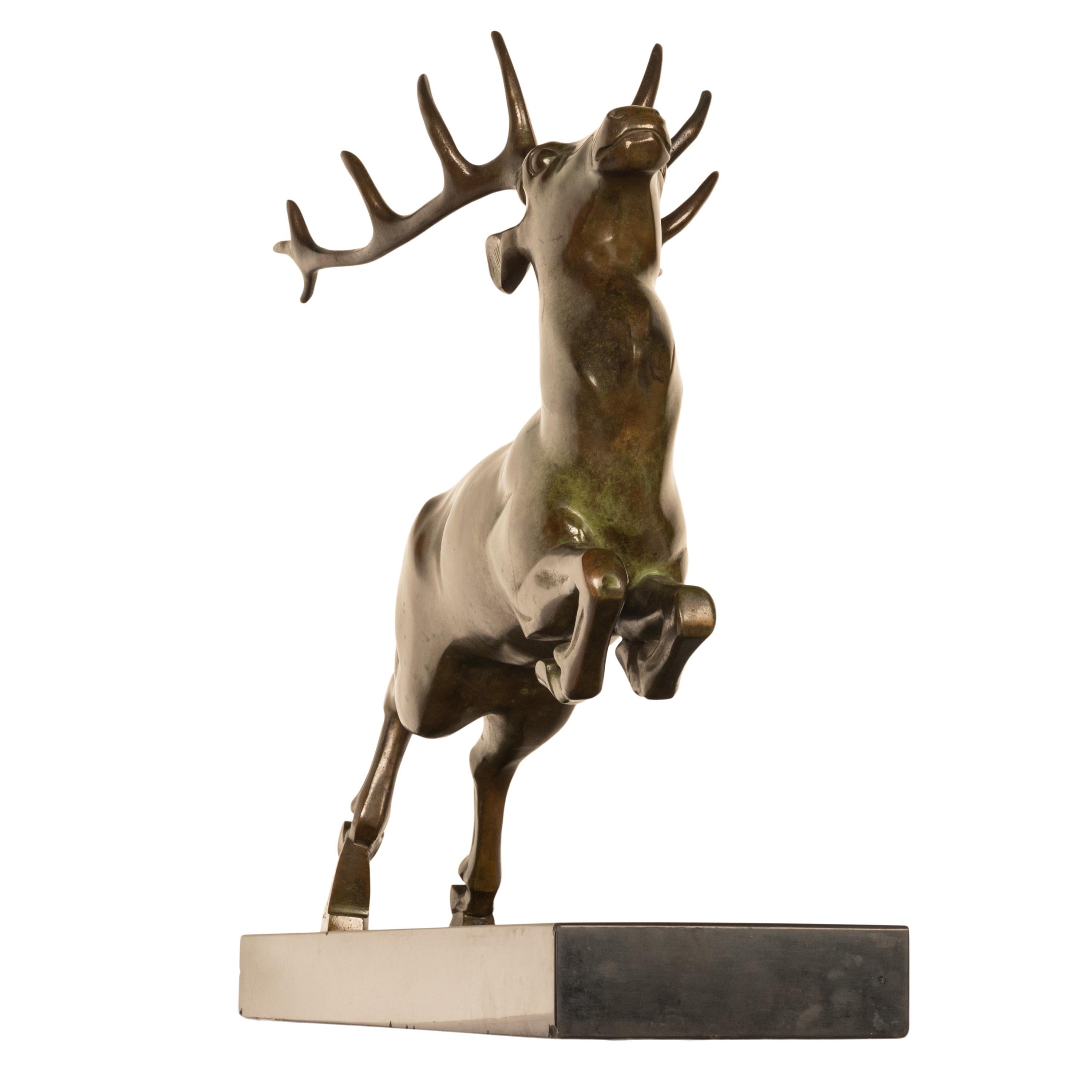 Antique French Art deco Leaping Stag Bronze Statue Sculpture Bronze marble 1925 For Sale 3