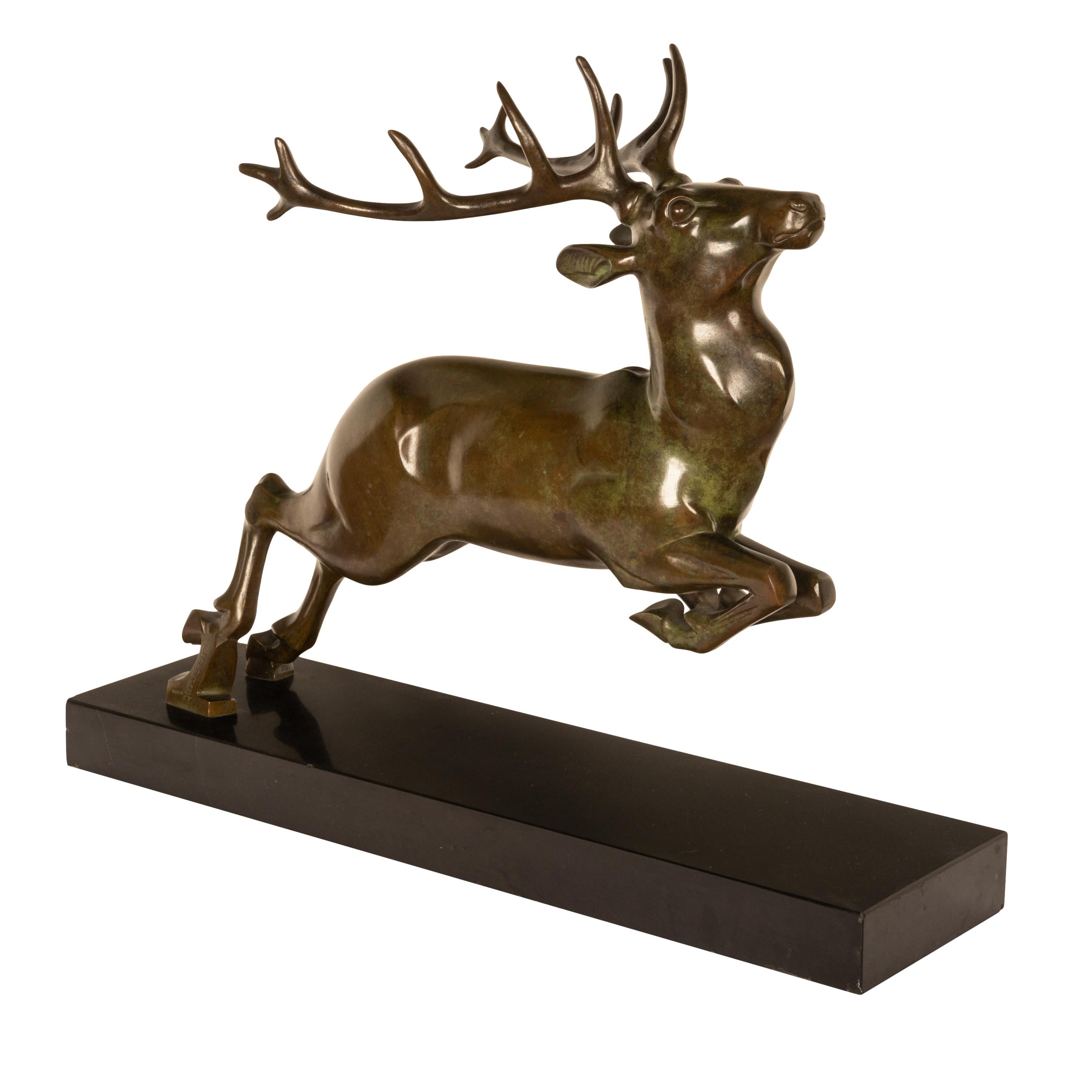 Antique French Art deco Leaping Stag Bronze Statue Sculpture Bronze marble 1925 For Sale 4