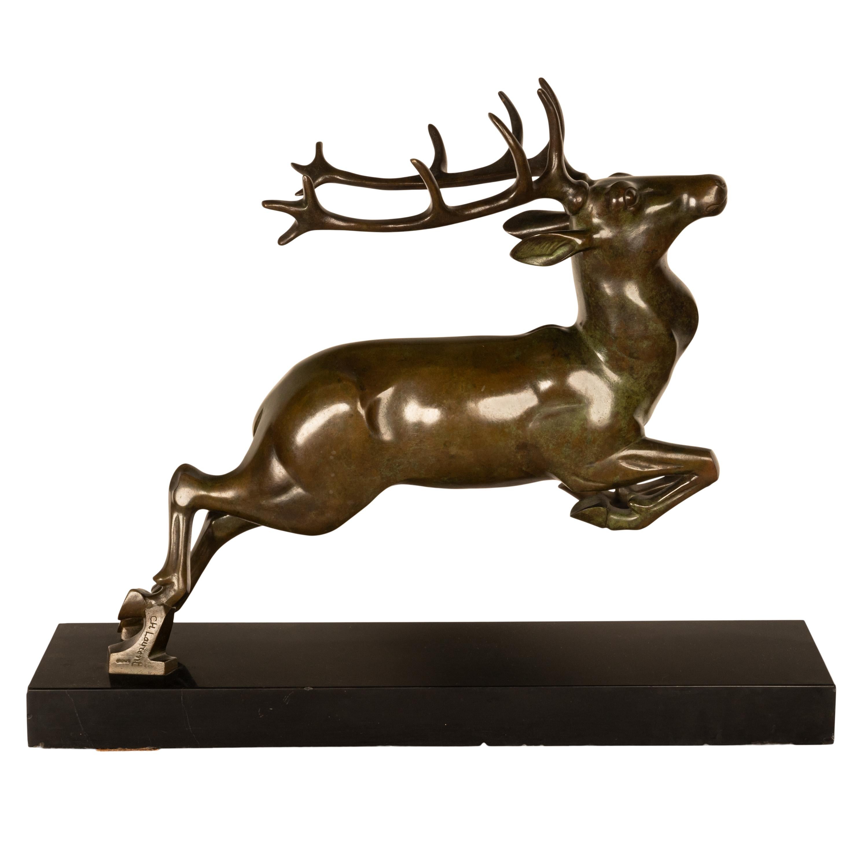 Antique French Art deco Leaping Stag Bronze Statue Sculpture Bronze marble 1925 For Sale 5