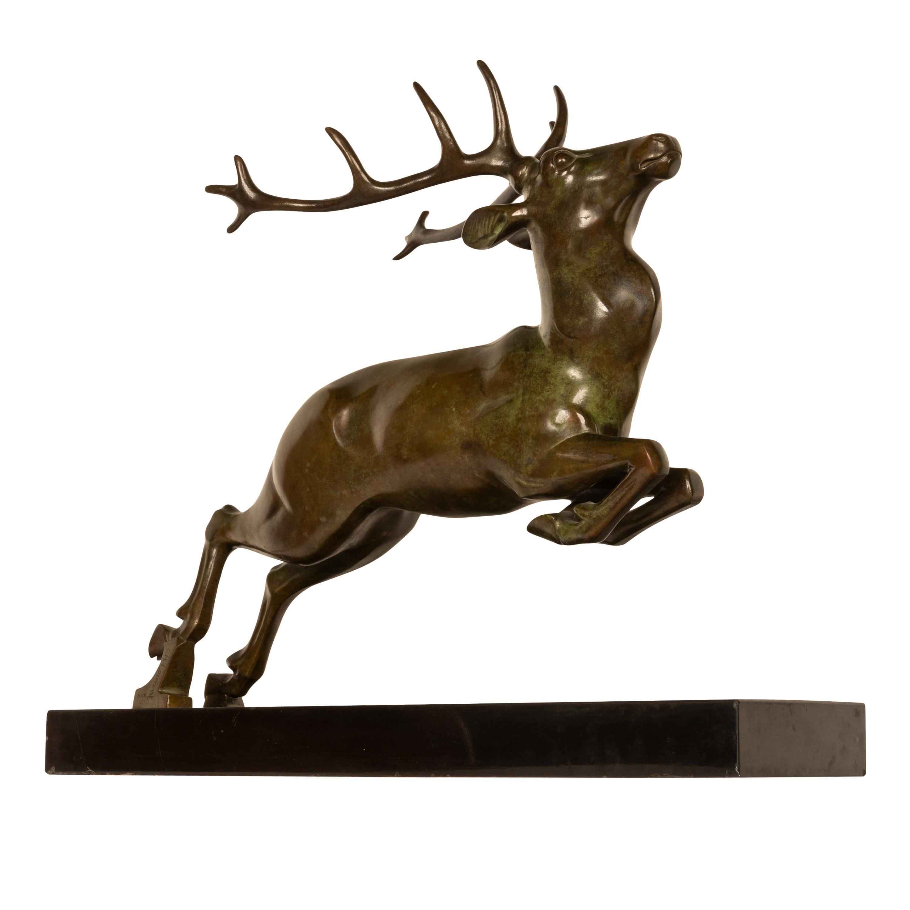 Antique French Art deco Leaping Stag Bronze Statue Sculpture Bronze marble 1925 For Sale 6