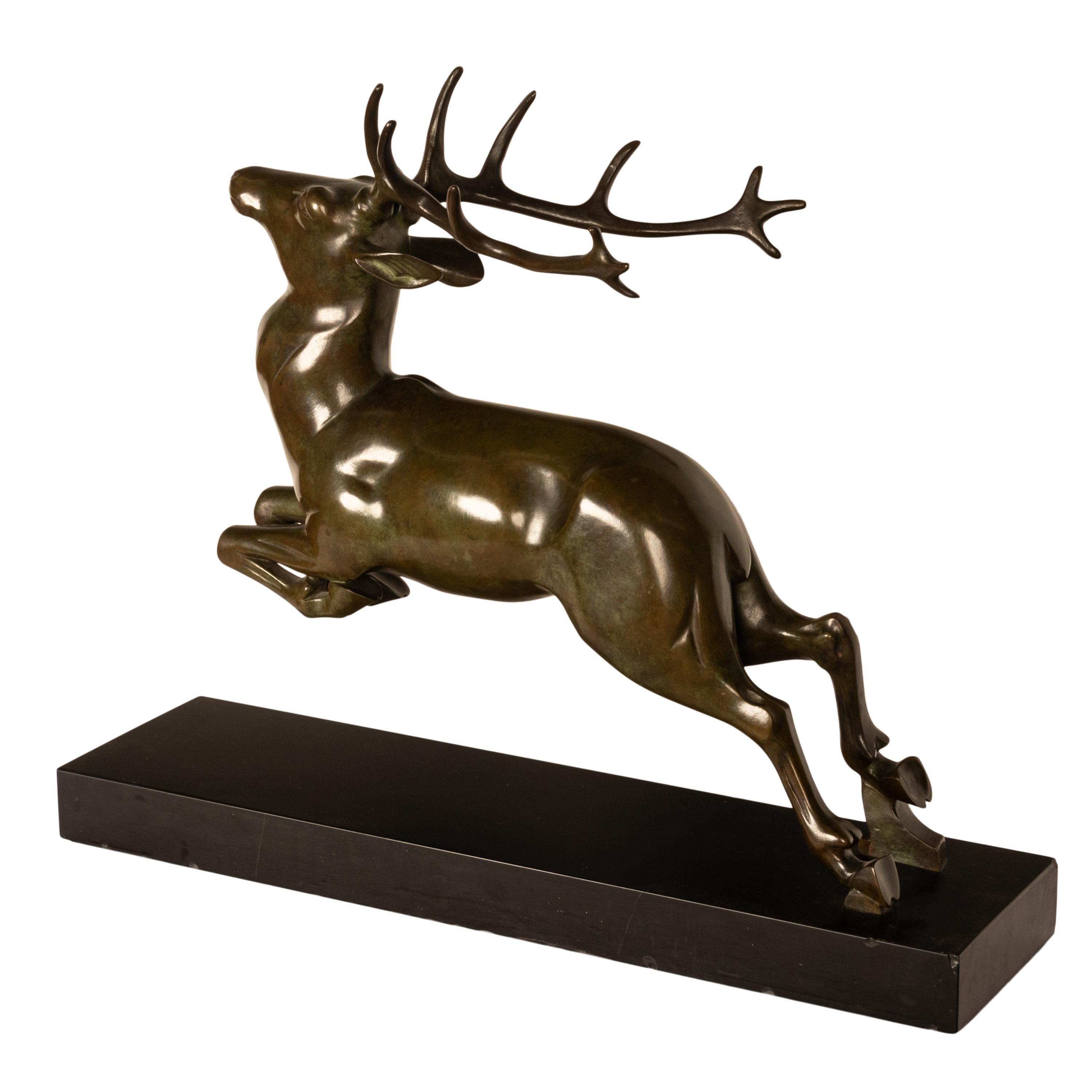 Antique French Art deco Leaping Stag Bronze Statue Sculpture Bronze marble 1925 For Sale 7