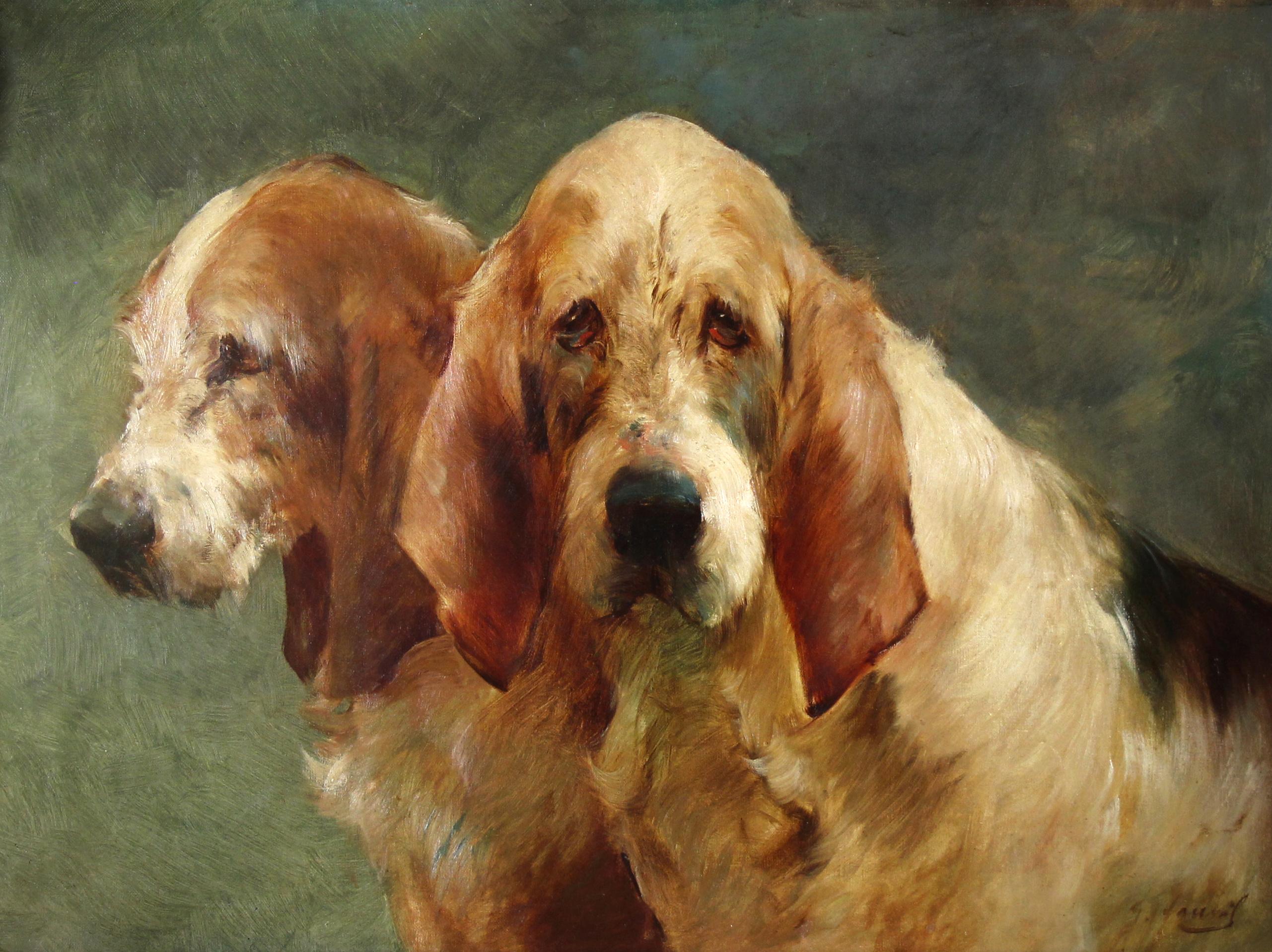 Peinture à l'huile sur toile, Chiens de chasse par George Hunt Fauvel - Painting de Georges Henri Fauvel