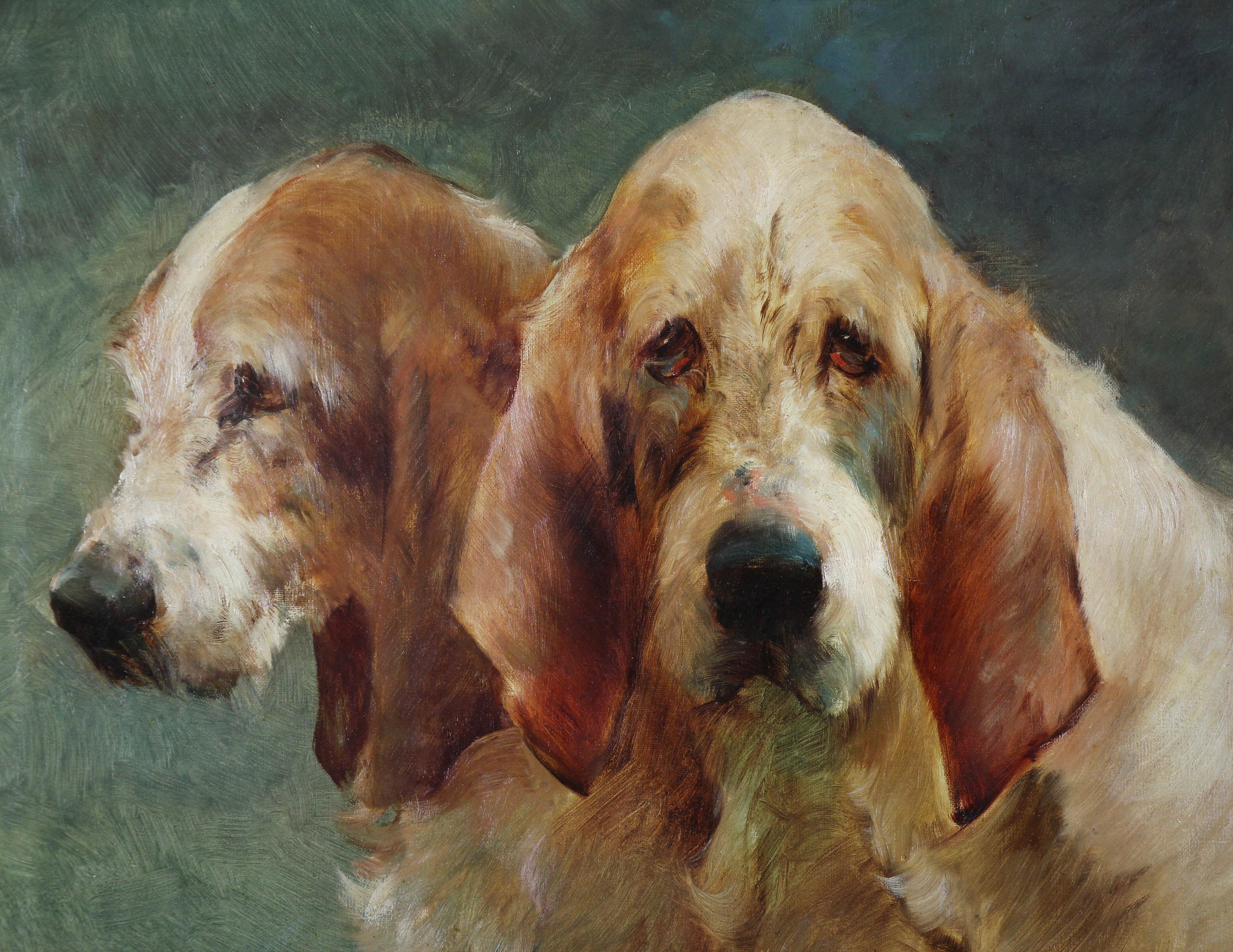 Peinture à l'huile sur toile, Chiens de chasse par George Hunt Fauvel - École française Painting par Georges Henri Fauvel