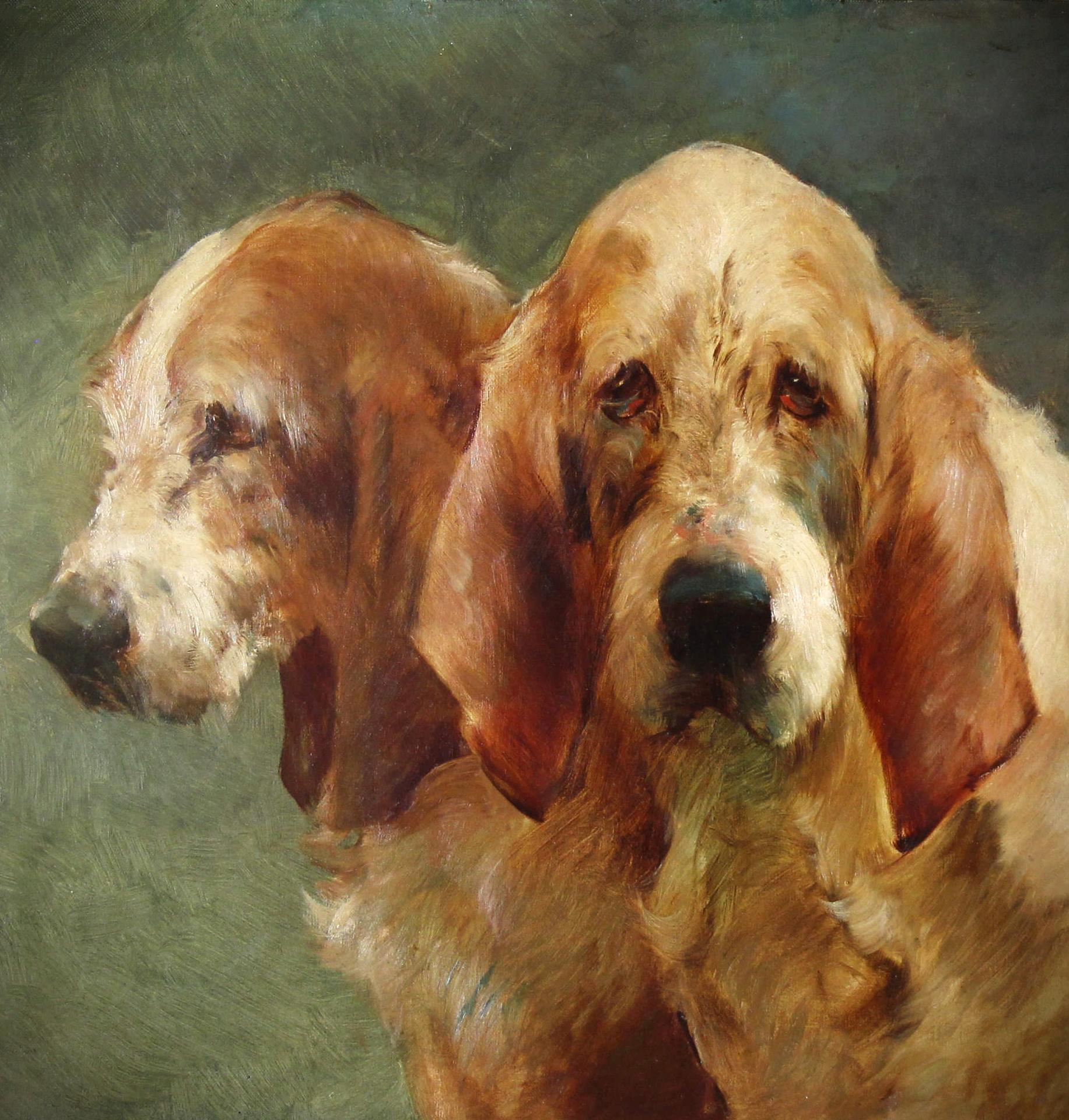Peinture à l'huile sur toile, Chiens de chasse par George Hunt Fauvel - Marron Animal Painting par Georges Henri Fauvel
