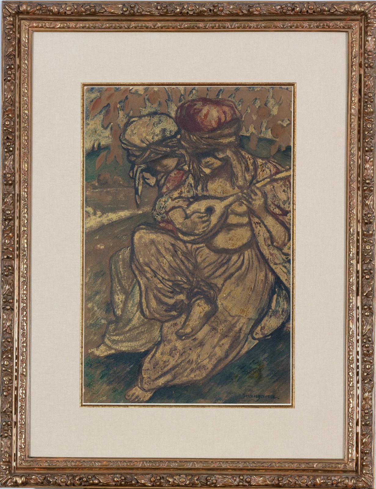 Femme à la mandoline by Georges Manzana Pissarro (1871-1961)
Mixed media on paper
48 x 31 cm (18 ⁷/₈ x 12 ¹/₄ inches)
Signed lower right, manzana.
Executed circa 1910

This work is accompanied by a certificate of authenticity from Lélia Pissarro.