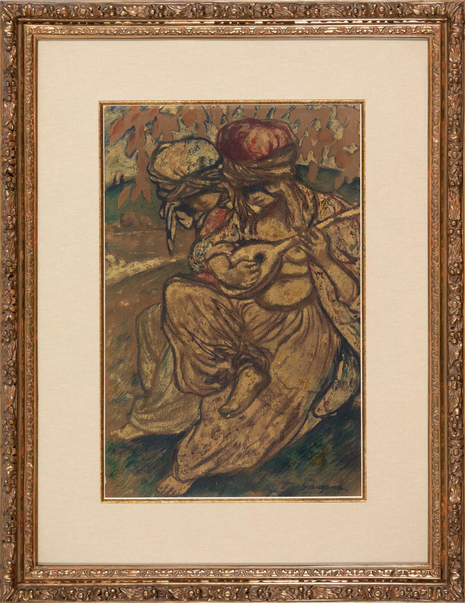 Femme à la mandoline de Georges Manzana Pissarro - Technique mixte sur papier - Post-impressionnisme Mixed Media Art par Georges Henri Manzana Pissarro