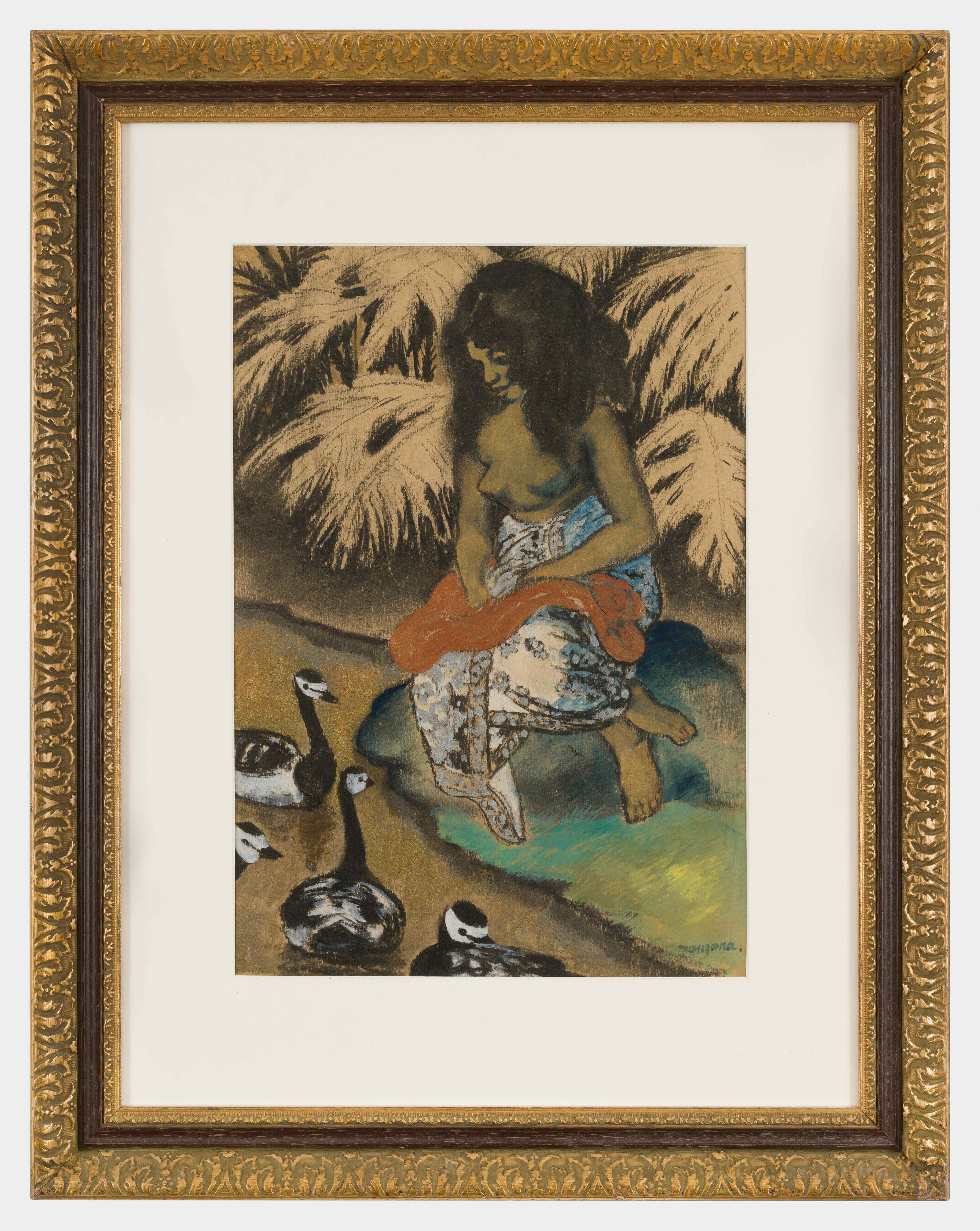 La jeune Tahitienne by Georges Manzana Pissarro (1871-1961)
Watercolour, pastel, graphite and gold paint on paper laid down on cardboard
43.7 x 30.7 cm (17 ¹/₄ x 12 ¹/₈ inches)
Signed lower right, manzana.
Executed circa 1915

This work is