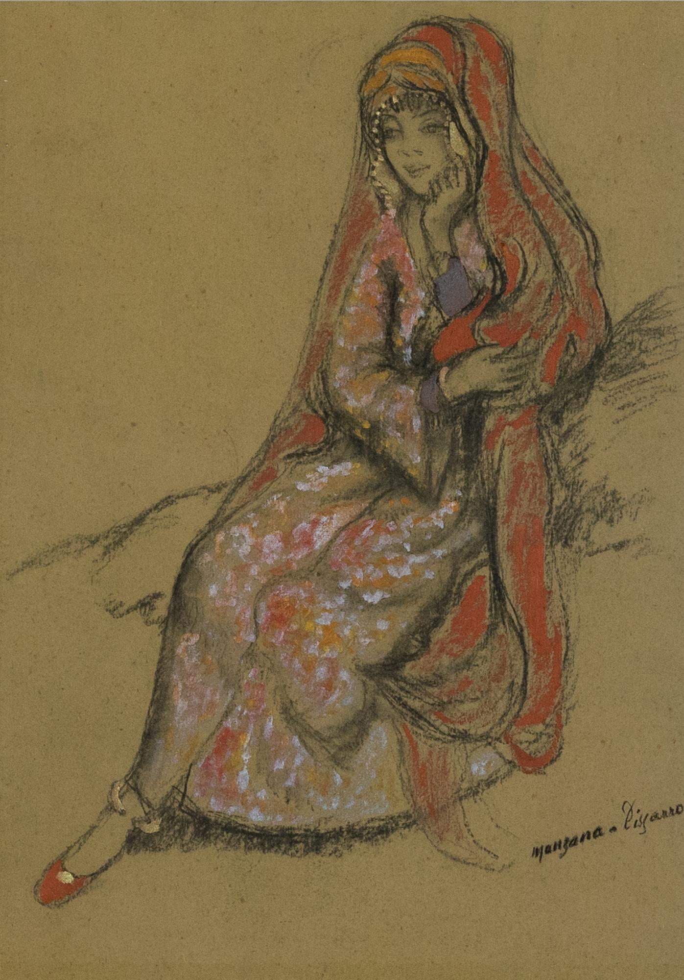 Young Morrocan Woman by Georges Manzana Pissarro - Mixed media, Oriental style - Mixed Media Art by Georges Henri Manzana Pissarro