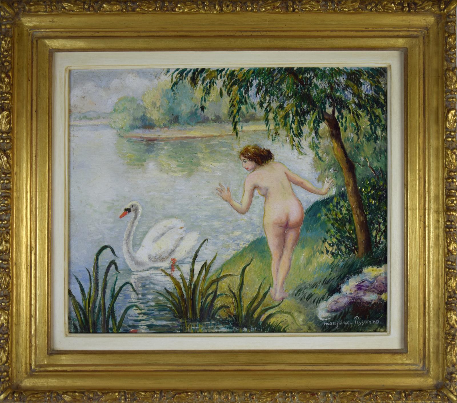 Baigneuses avec cygne by Georges Manzana Pissarro - Nude oil painting - Painting by Georges Henri Manzana Pissarro