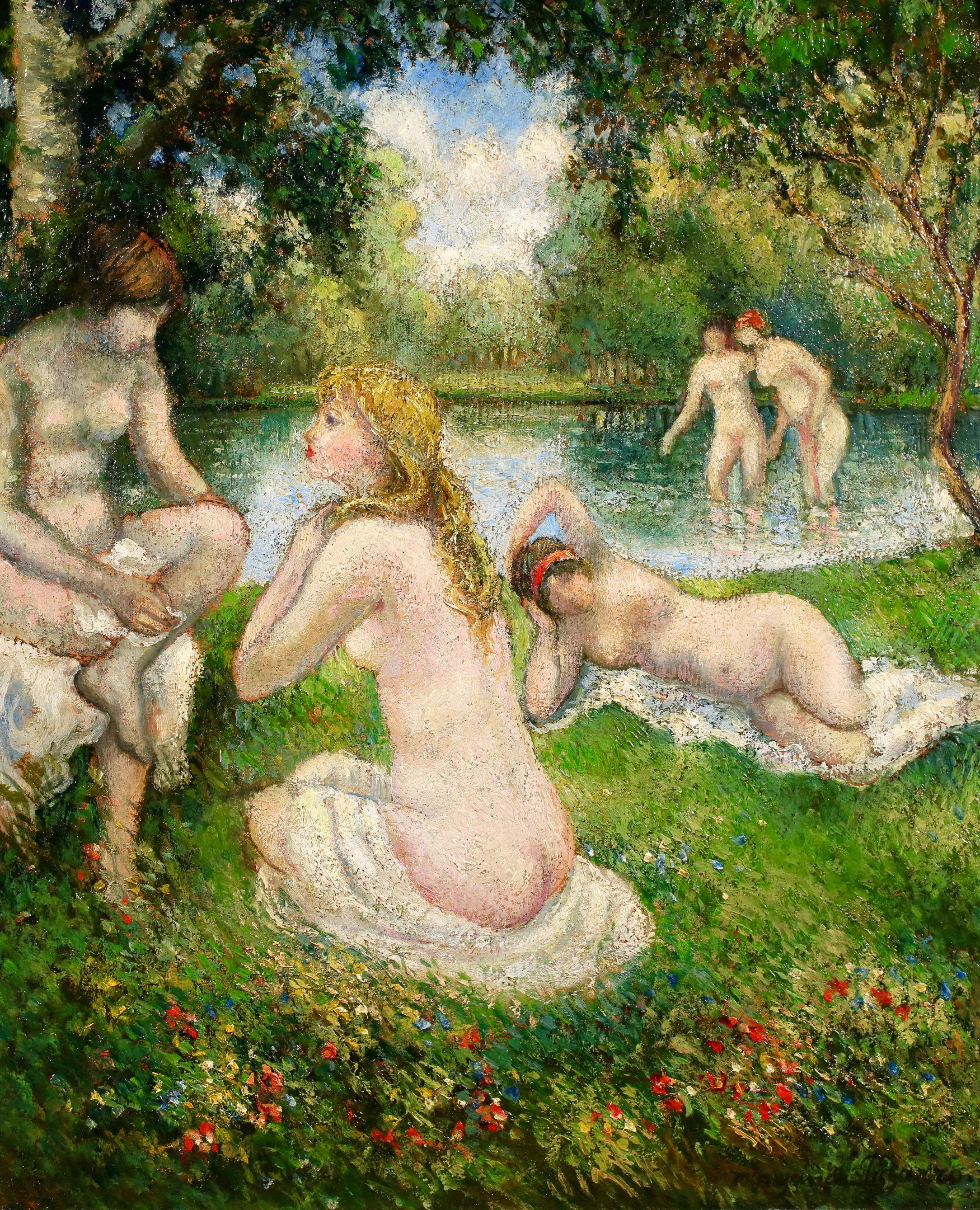 Baigneuses - Huile post-impressionniste de Georges Pissarro sur les nus dans le paysage - Painting de Georges Henri Manzana Pissarro