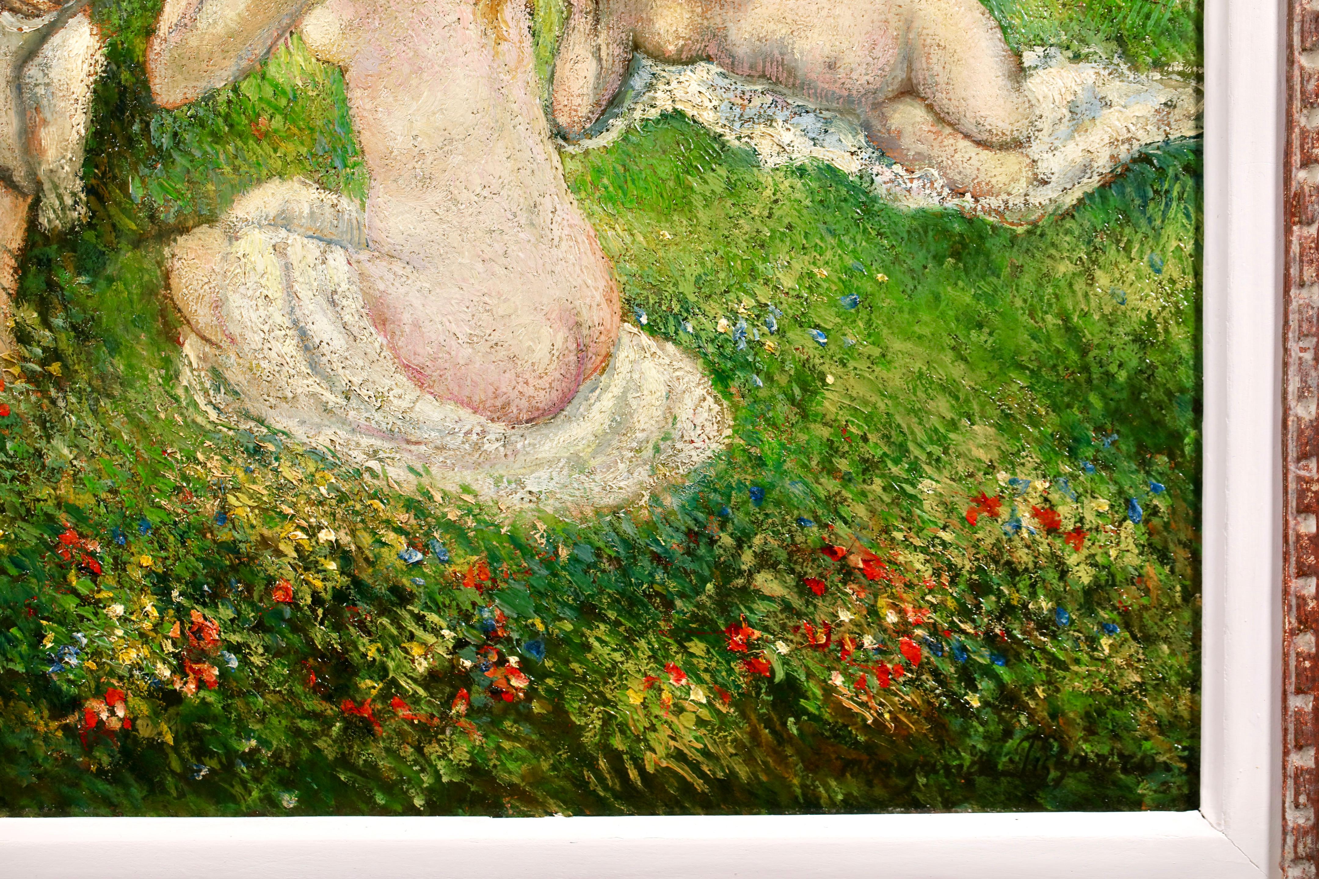 Baigneuses - Huile post-impressionniste de Georges Pissarro sur les nus dans le paysage - Post-impressionnisme Painting par Georges Henri Manzana Pissarro